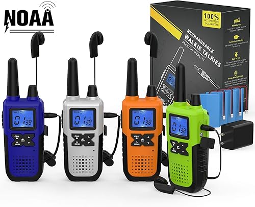 4 Walkie Talkies recargables de largo alcance para adultos  Radios de 2 vías de la NOAA  con auriculares y micrófono cargador USB de batería alertas