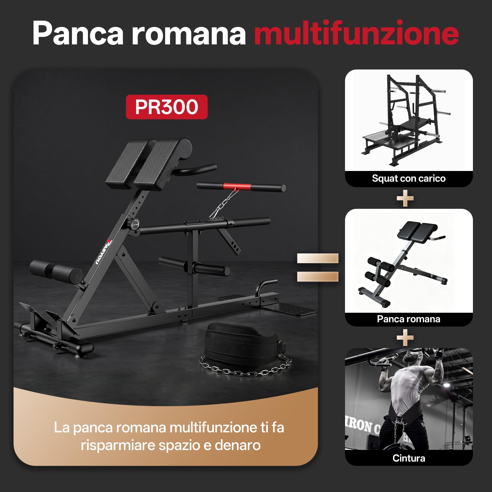PASYOU panca romana regolabile 4-in-1 per iperestensioni, squat, stacchi, Include cintura da sollevamento, compatibile con dischi 1" e 2", Ideale per home gym