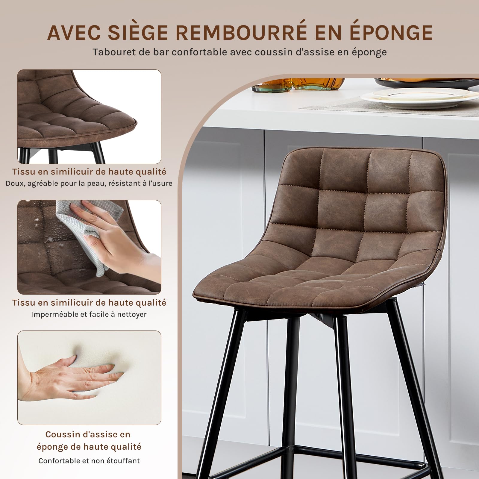 WOLTU 4 X Tabouret de Bar Bistro Chaise de Bar Assise rembourrée en Similicuir avec Pieds et Repose-Pieds en métal,Brun BH249br-4