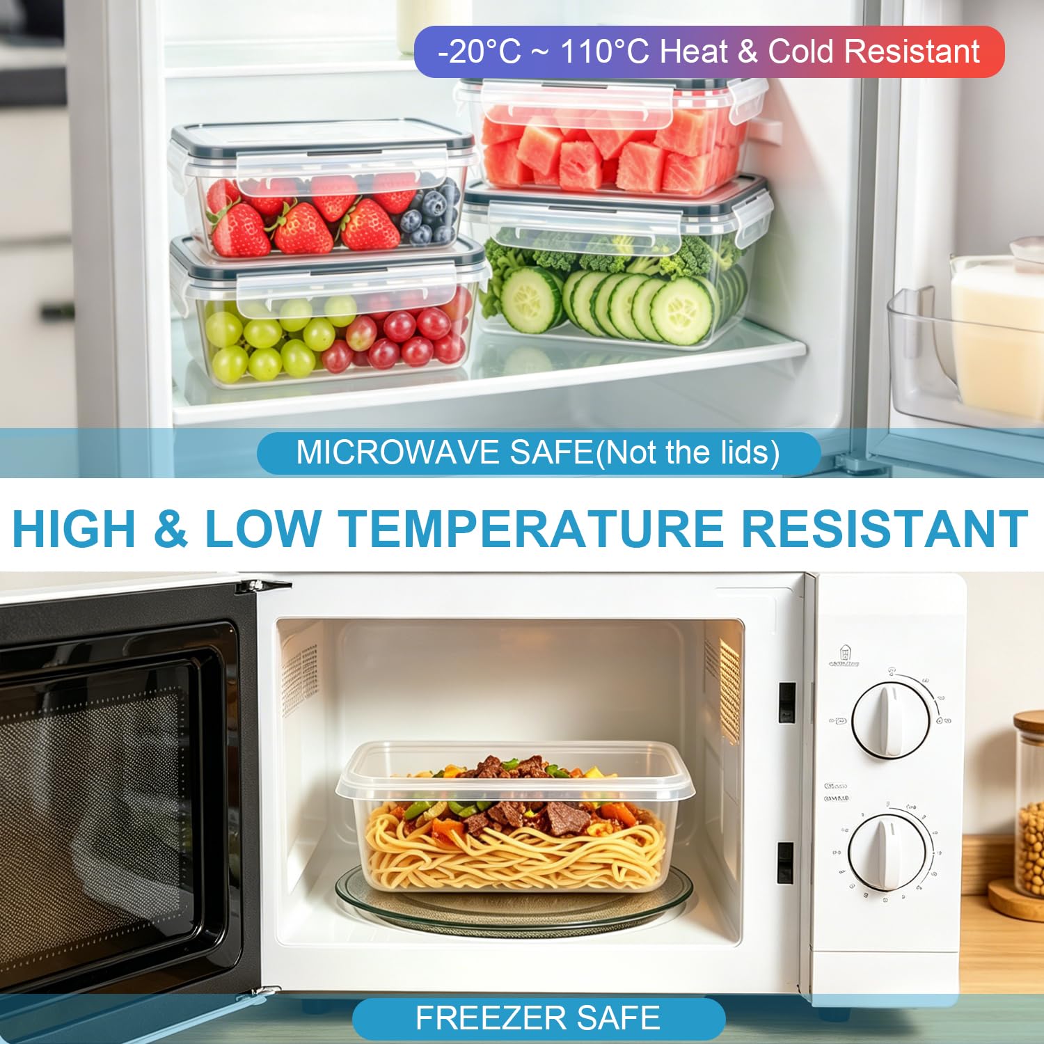 Hotec Set di contenitori salvafreschezza con coperchio, 10 x 1 l, clip & close, Meal Prep, 100% di densità, lavabili in lavastoviglie, congelatore, forno a microonde, congelatore e cucina
