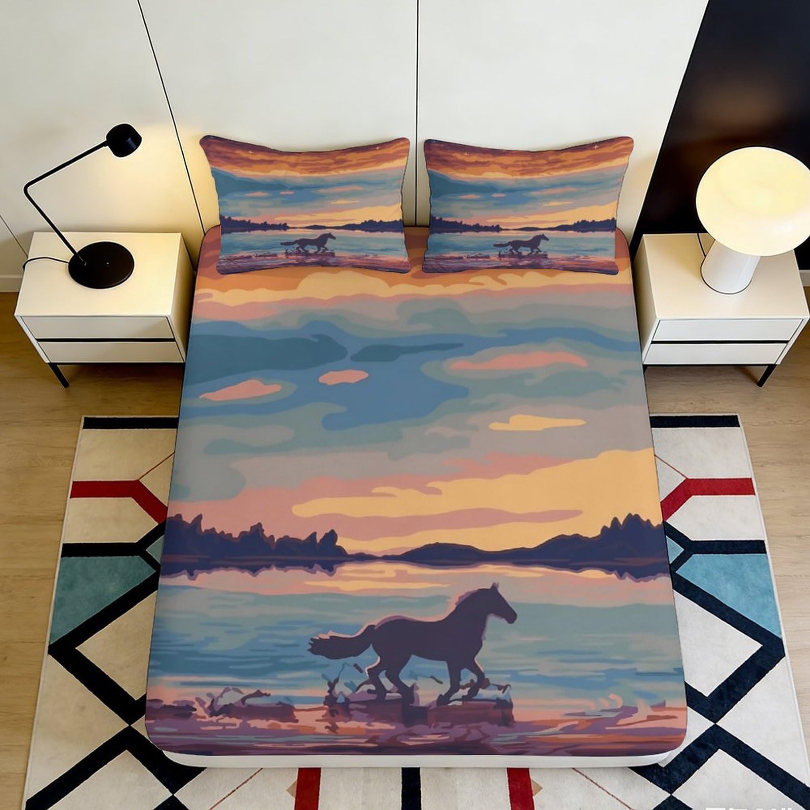 3D Printed Sunset Lake Horse Fitted Sheet Microfiber Soft Breathable Scenic Bed Cover for Bedroom Dorm Mattress Decor 90x200x25cm