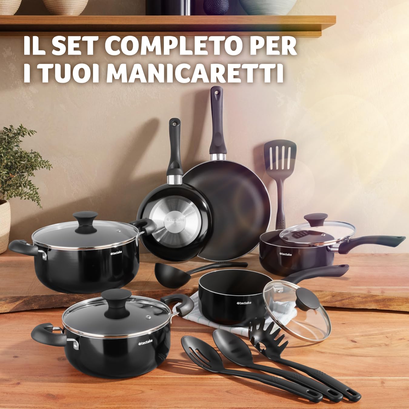 tectake® Set di Pentole Antiaderenti 15 Pezzi, Batteria di Pentole e Padelle in Alluminio Robusto, Coperchi in Vetro con Foro di Sfiato, Batteria Pentole con Manici Resistenti al Calore - Nero