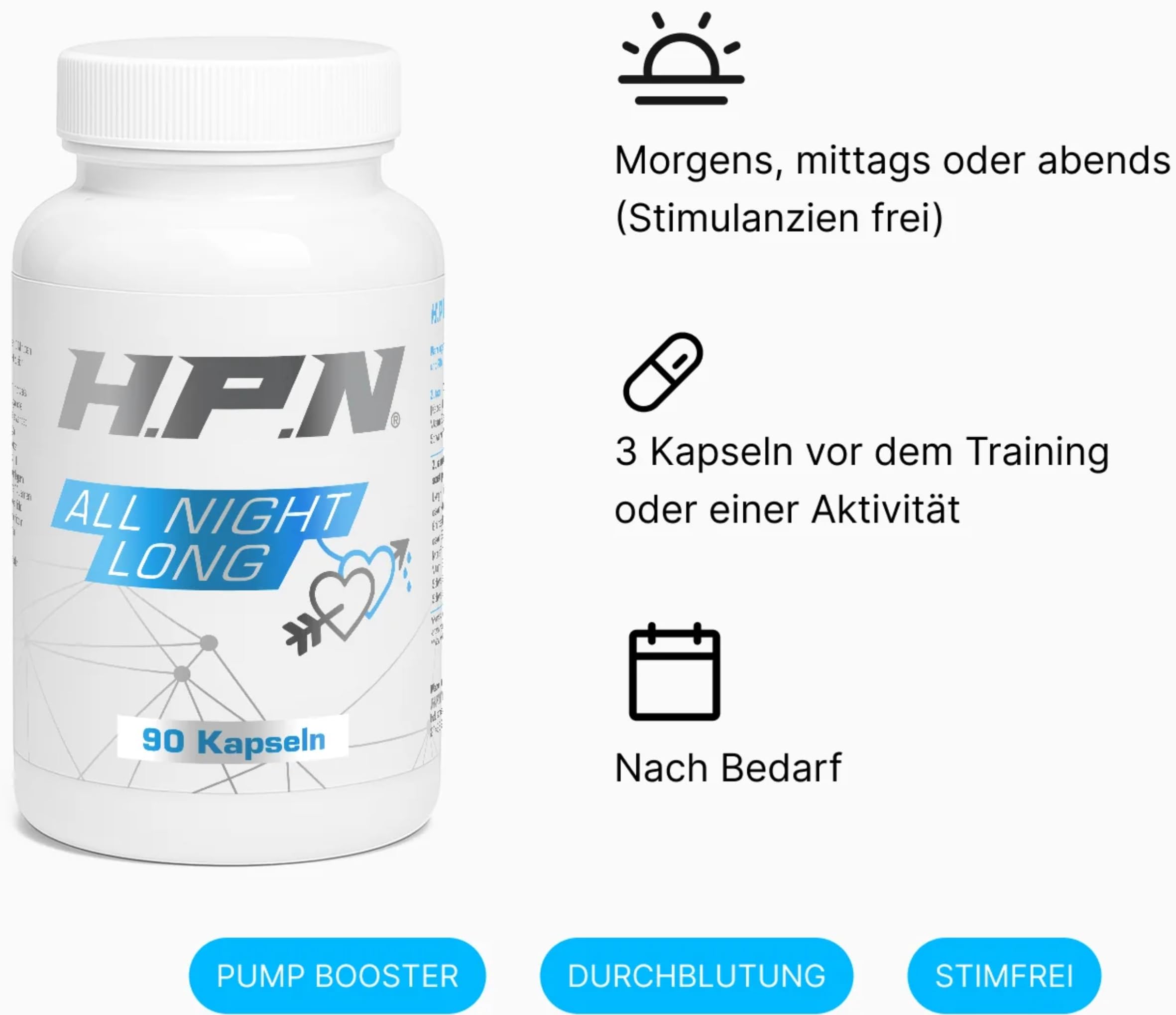 H.P.N - All Night Long | Pump-Booster mit L-Arginin Nitrat, Schwarzem Ingwer, Moosfarn & Grüntee zur Unterstützung von Muskelpump, Performance & Ausdauer - 90 Kapseln