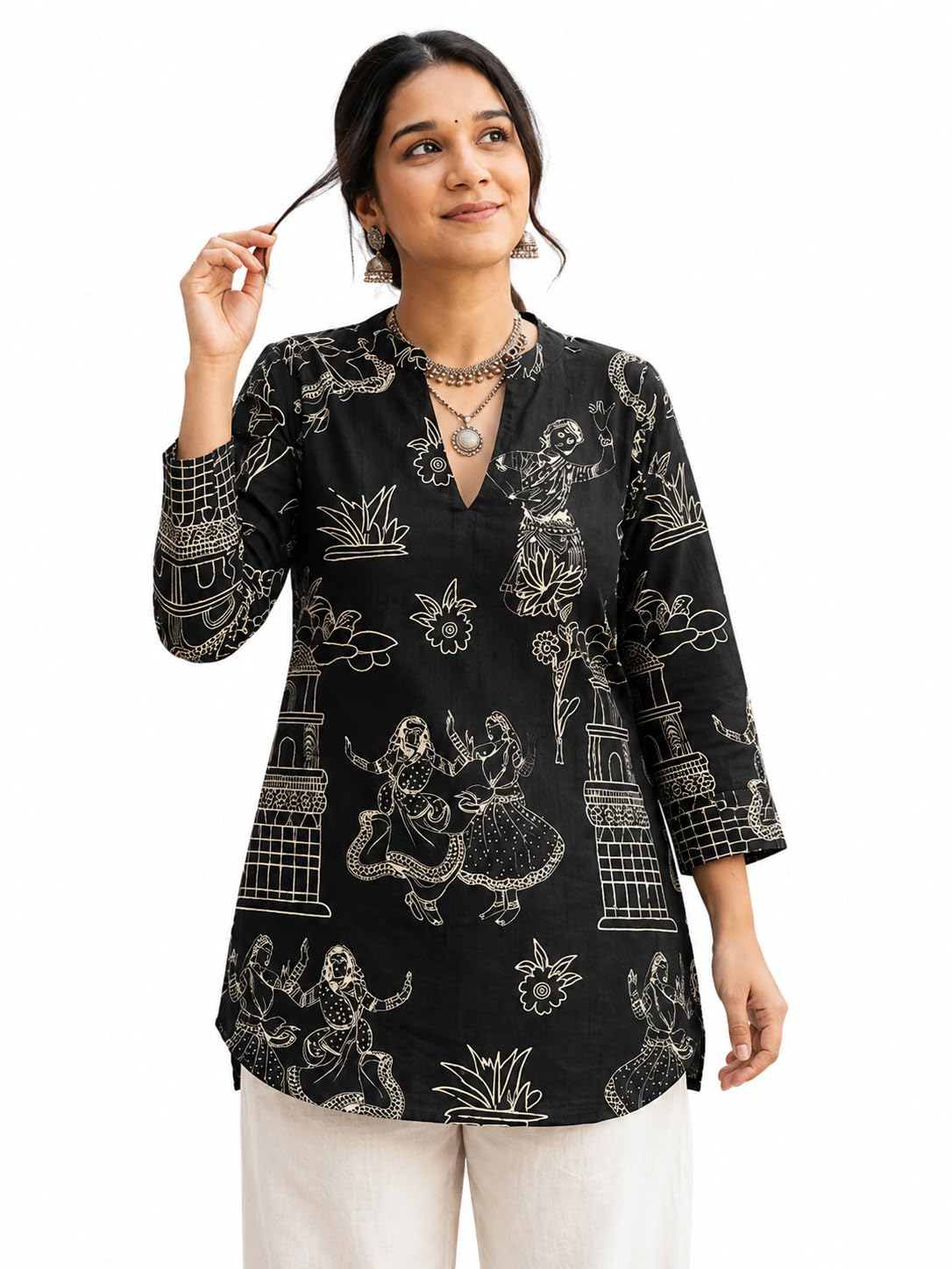 ak fashion mall Women's Cotton Blend Tunic, Black, Printed, 3/4 Sleeve, Regular Fit, Casual Wear-picture-17