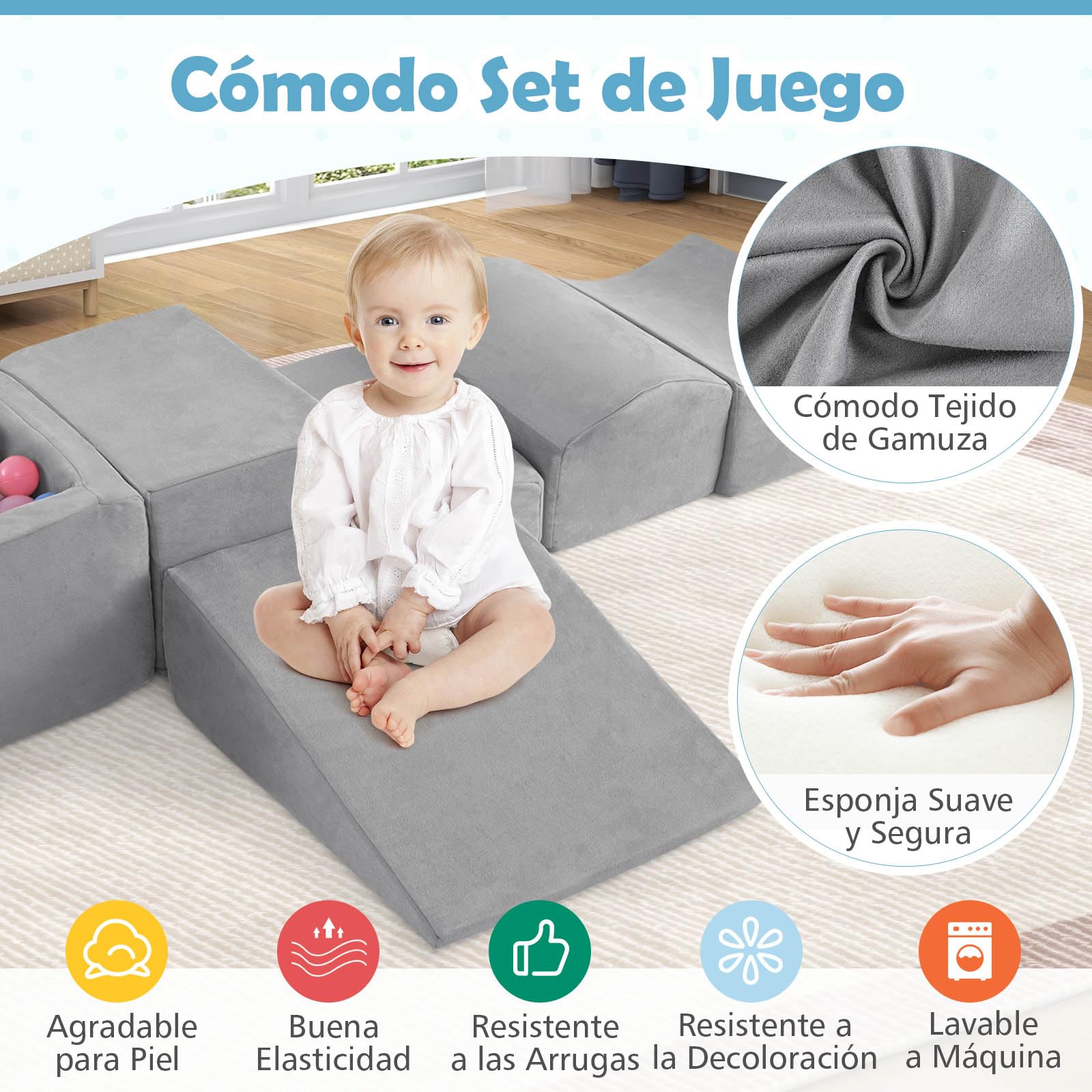 GOPLUS Bloques de Escalada de Espuma con Piscina de Pelotas, 5 Juguetes y Bloques de Escalada con Funda de Tela Suede, Espuma de Alta Densidad, Actividad de Juego Blando para Trepar (Gris)