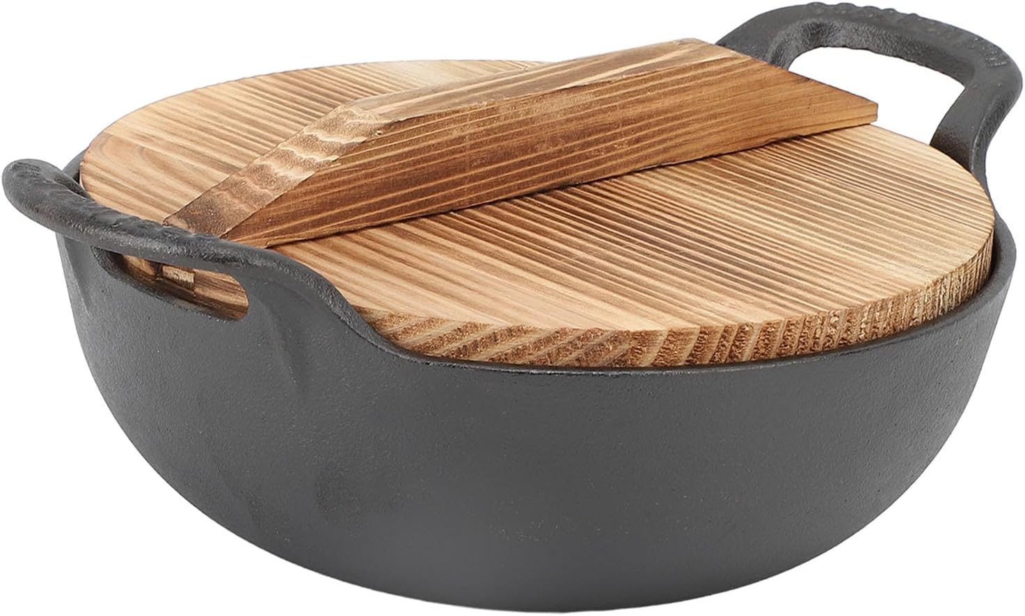 Walfront 14 Inch Cast Iron Wok with Wooden Lid PreSeasoned Nonstick Stir Fry Pan Flat Base Authentic Asian Cooking Stovetop Oven Safe (20cm)