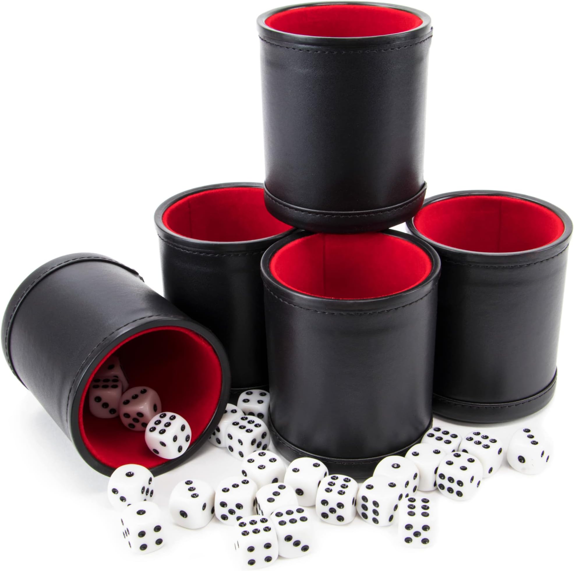 Bundle of 5 Professional Dice Cups - Red Felt-Lined, Quality Bicast Leather, Includes 25 White Six-Sided Dice