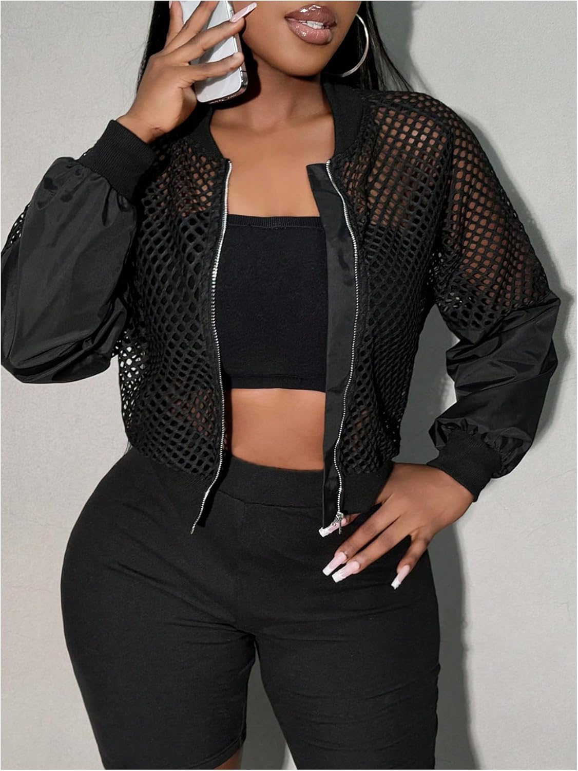 GORGLITTER Women's Lightweight Jacket Mesh Zip Up Cropped Fishnet Long Sleeve Bomber Jackets Concert Outfits - Image 4