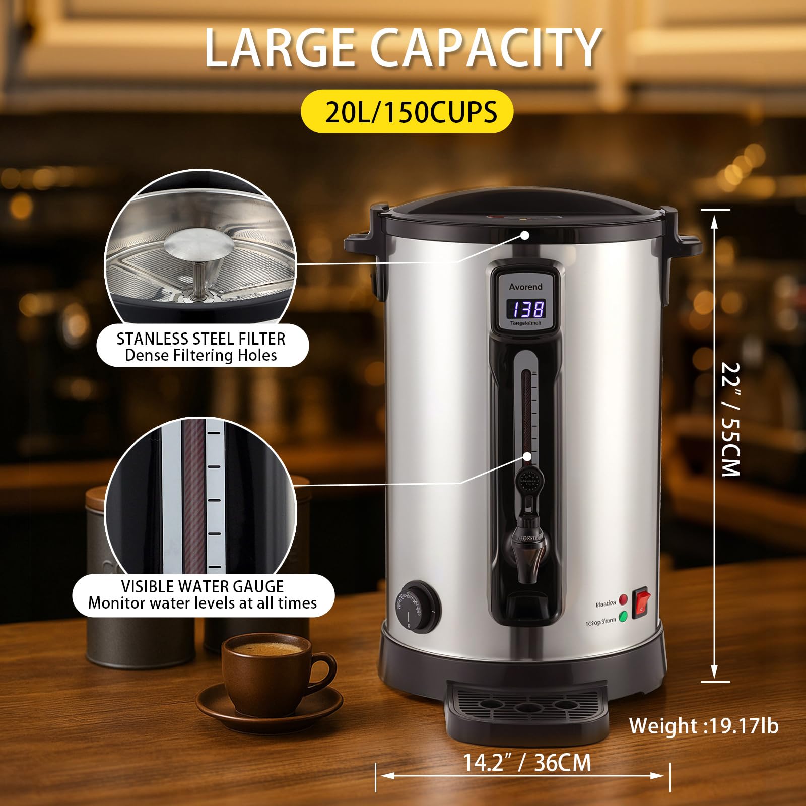 100-Cup Commercial Coffee Urn, 20L Double-Wall Stainless Steel Coffee Maker with Adjustable Temperature Control & Keep Warm, Large Insulated Coffee Pot for Events, Catering, and Offices