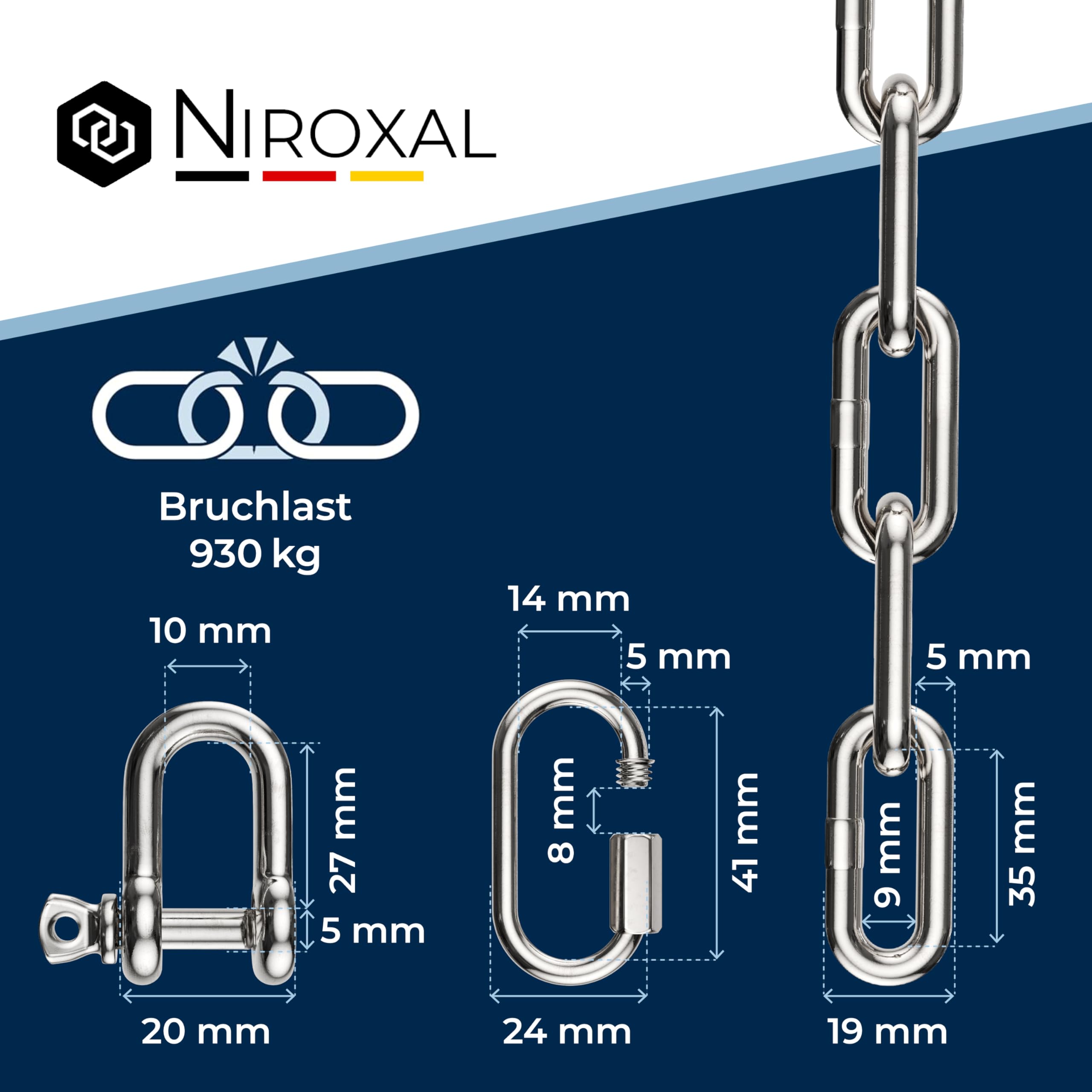 Kit Catena Inox V4A Ø 5 mm – 25 cm (0,25 m) – Set da 1 (1 Catene + 2 Connettori + 2 Grilli) – Carico 900 kg – Uso Marino, Amaca, Boxe