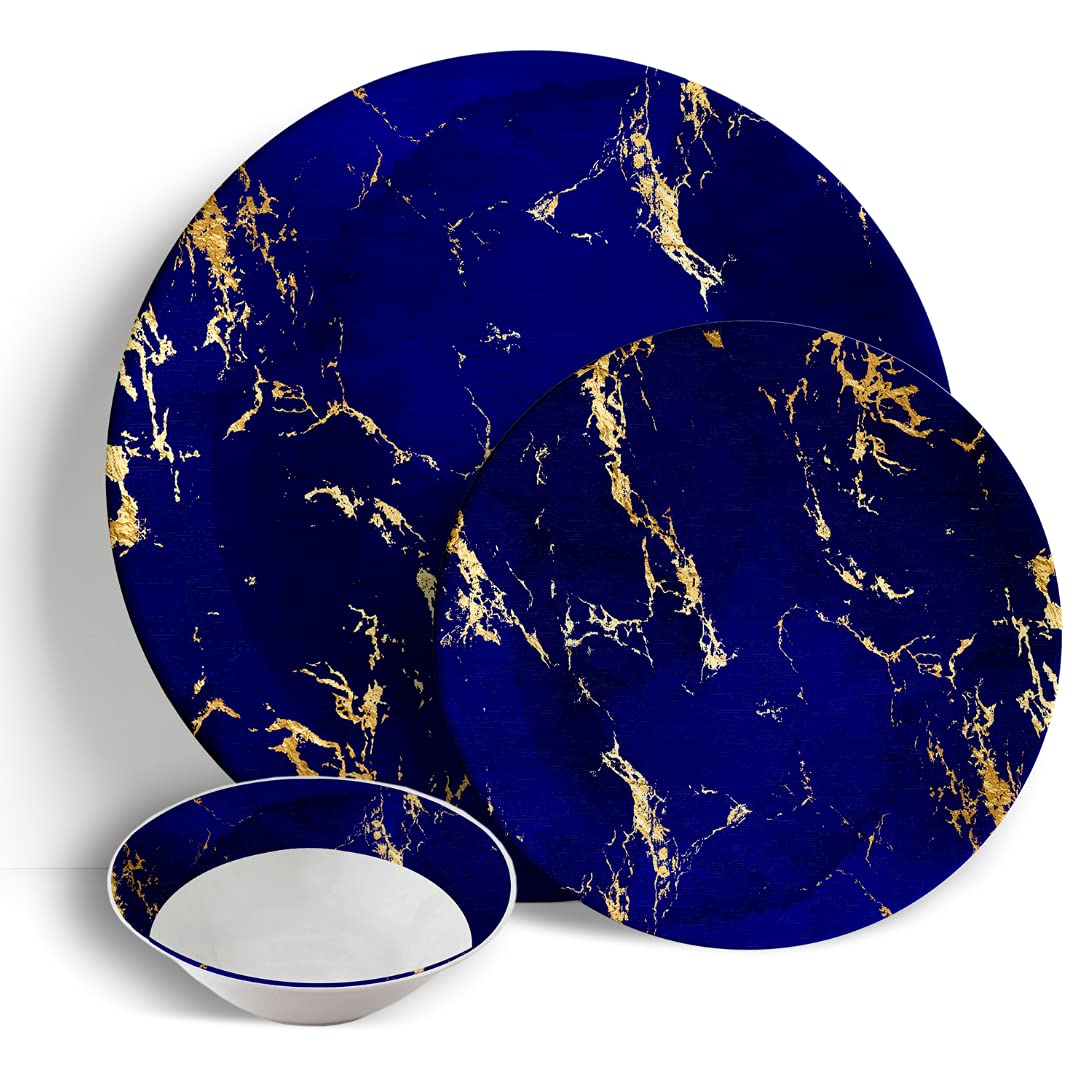 Peacock Supplies Set da tavola da 18 pezzi, marmo blu e oro, porcellana in ceramica cinese, 6 piatti piani da 26 cm, 6 piatti da 19,5 cm, piatti da contorno e 6 ciotole da 17,8 cm, elegante e
