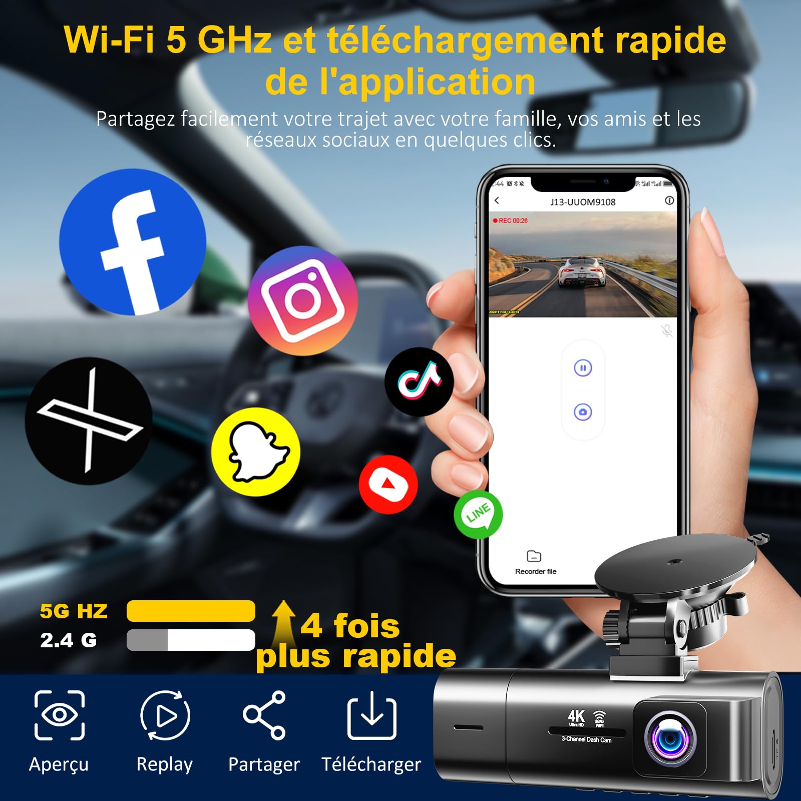 Caméra embarquée avant et arrière à 3 canaux pour voiture, caméra de voiture WiFi 5G avec carte SD 64 Go, 4K + 1080p + 1080p triple objectif