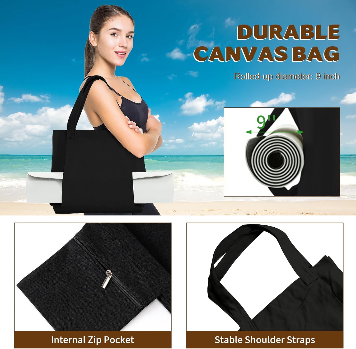 Yoga Mat Carrier, Gym Bag With Yoga Mat Holder, Women Canvas Tote With Shoulder Strap For Pilates, Travel, Office, Sports, Workout And Beach – Inner Zippered Pocket, Fits Standard And Small Mats - Image 3