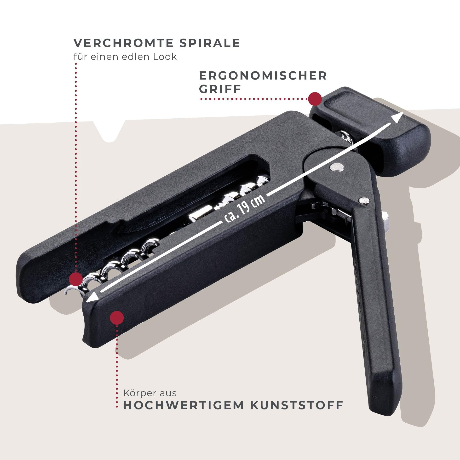 Fackelmann Korkenzieher, 193mm, Ergonomischer Griff, Innovativer Mechanismus, Geeignet für Natur- und Kunststoffkorken, Shadow Black