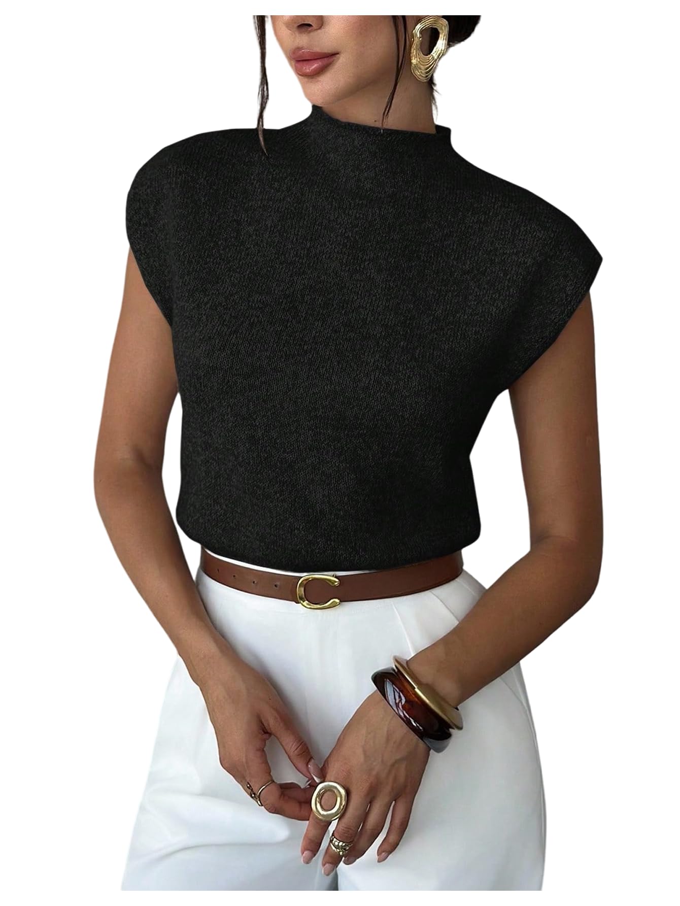Milumia Womens Cap Sleeve Sweater Vest Mock Neck Sleeveless Casual Dressy Tops Knitwear