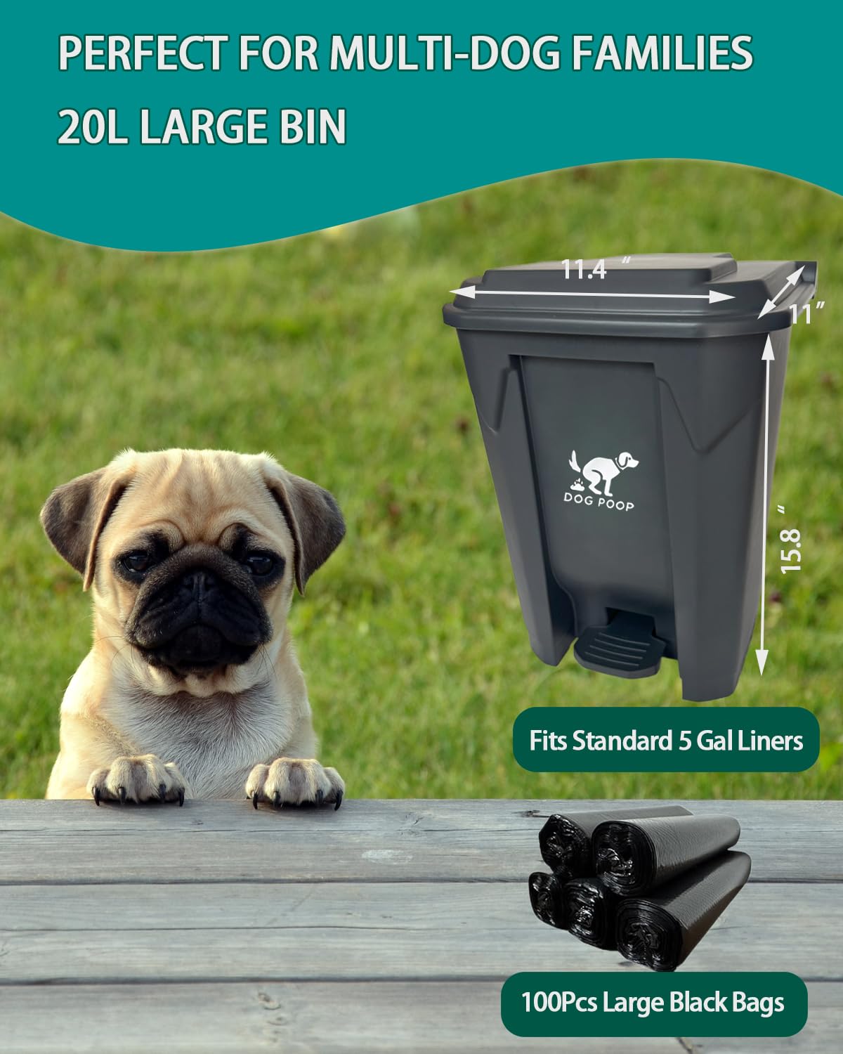 Poubelle d'extérieur pour chien avec couvercle – Poubelle étanche de 20 L pour jardin, pédale, doublure amovible et 100 sacs – Conteneur à déjections canines étanche pour une utilisation en