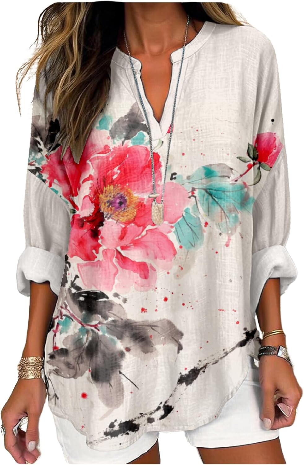 MARSVOVO Japanese Art Style Shirt for Women Long Sleeve Novelty Graphic Tops V Neck Oversize Vintage Causal Pullover