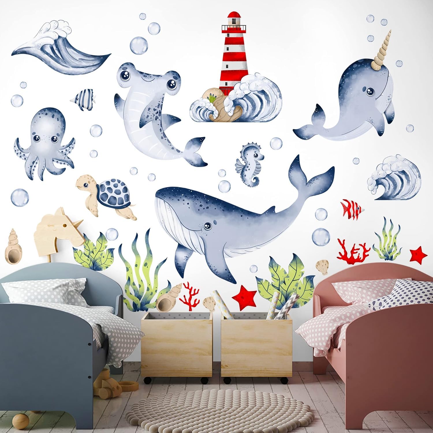 Wall Decal Under Water Blue Whale with Turtle, Shark, Lighthouse Wall Sticker for Kids Room, 120 cm
