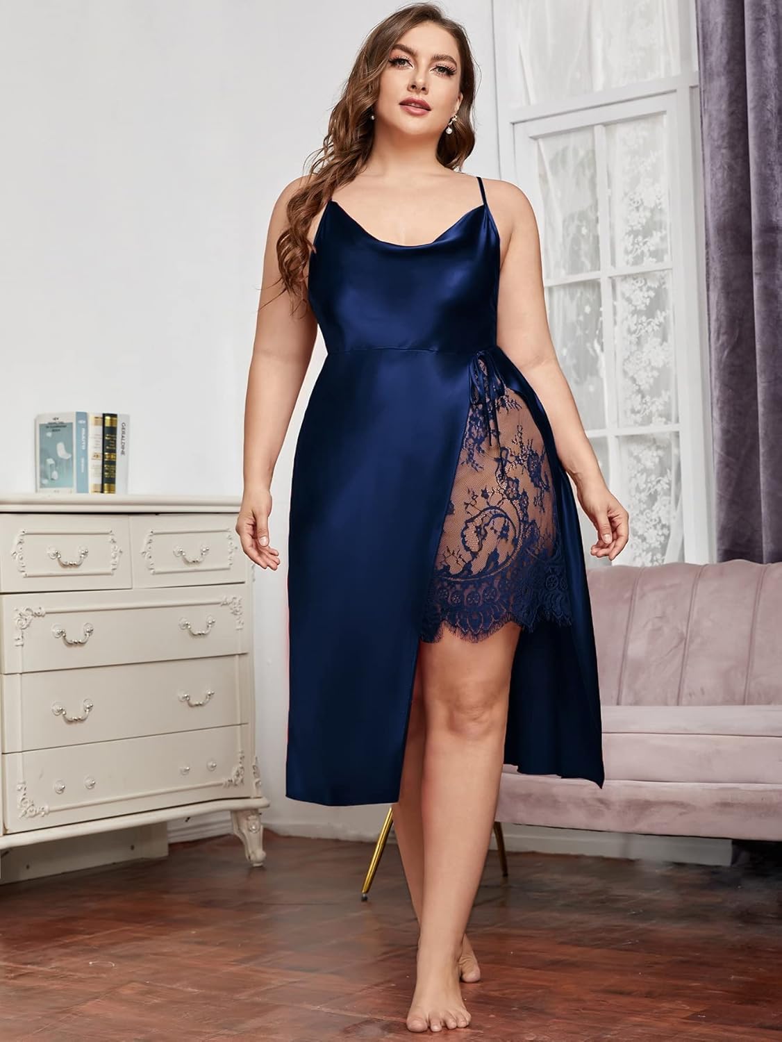 WDIRARA Women's Plus Size Satin Nightgown Lace Trim Cowl Neck Slit Chemise Sleep Dress - Image 4