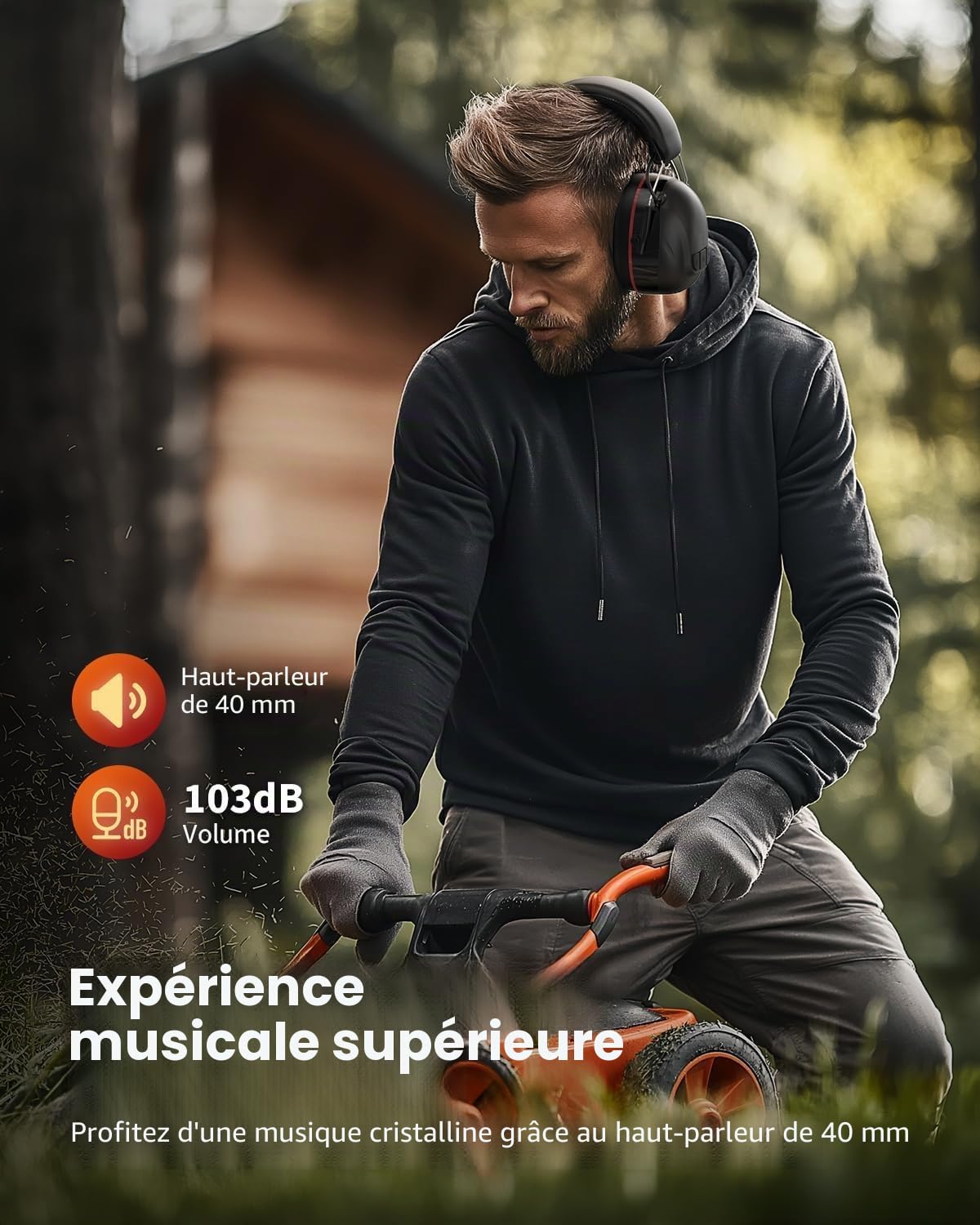 Doohoeek Casque de protection auditive Bluetooth 5.4 avec batterie rechargeable de 1200 mAh, 120 heures d'autonomie, 30 dB SNR, cache-oreilles avec réduction du bruit pour tondre, travail du bois