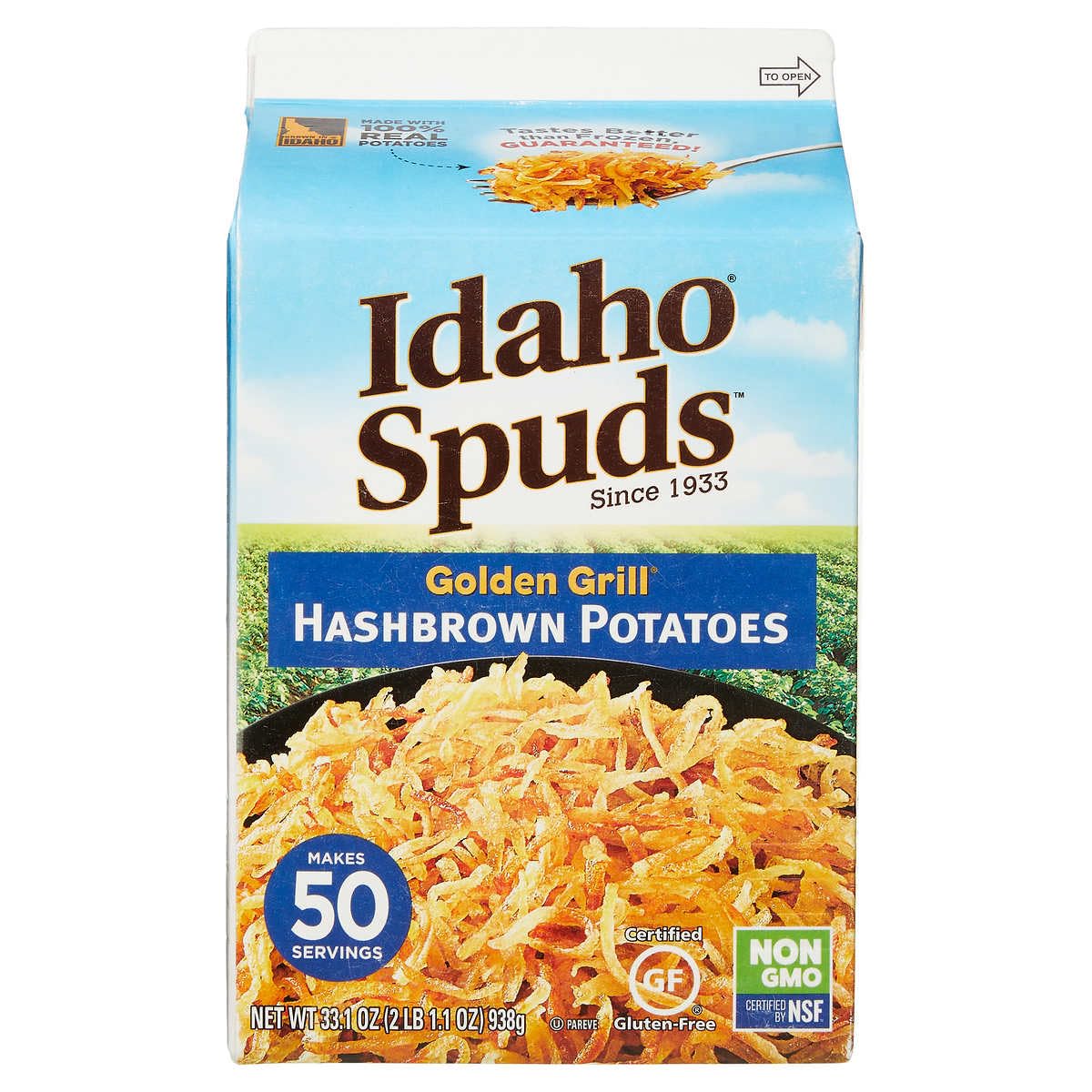 Golden Grill Hashbrown Potatoes. Idaho Spuds. Non-GMO Certified. No Artificial Colors or Flavors. Gluten Free & Kosher. Large Carton 33.1 oz (2 LB 1.1 oz)