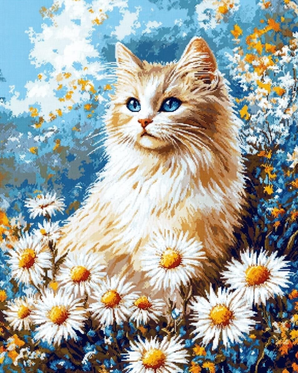 WallustrioaW Cross Stitch Stamped Kits,Daisies and Cats,Pre-Printed Cross-Stitching Starter Pattern for Beginners Adults,11CT Embroidery Needlepoint Kits,40x50cm