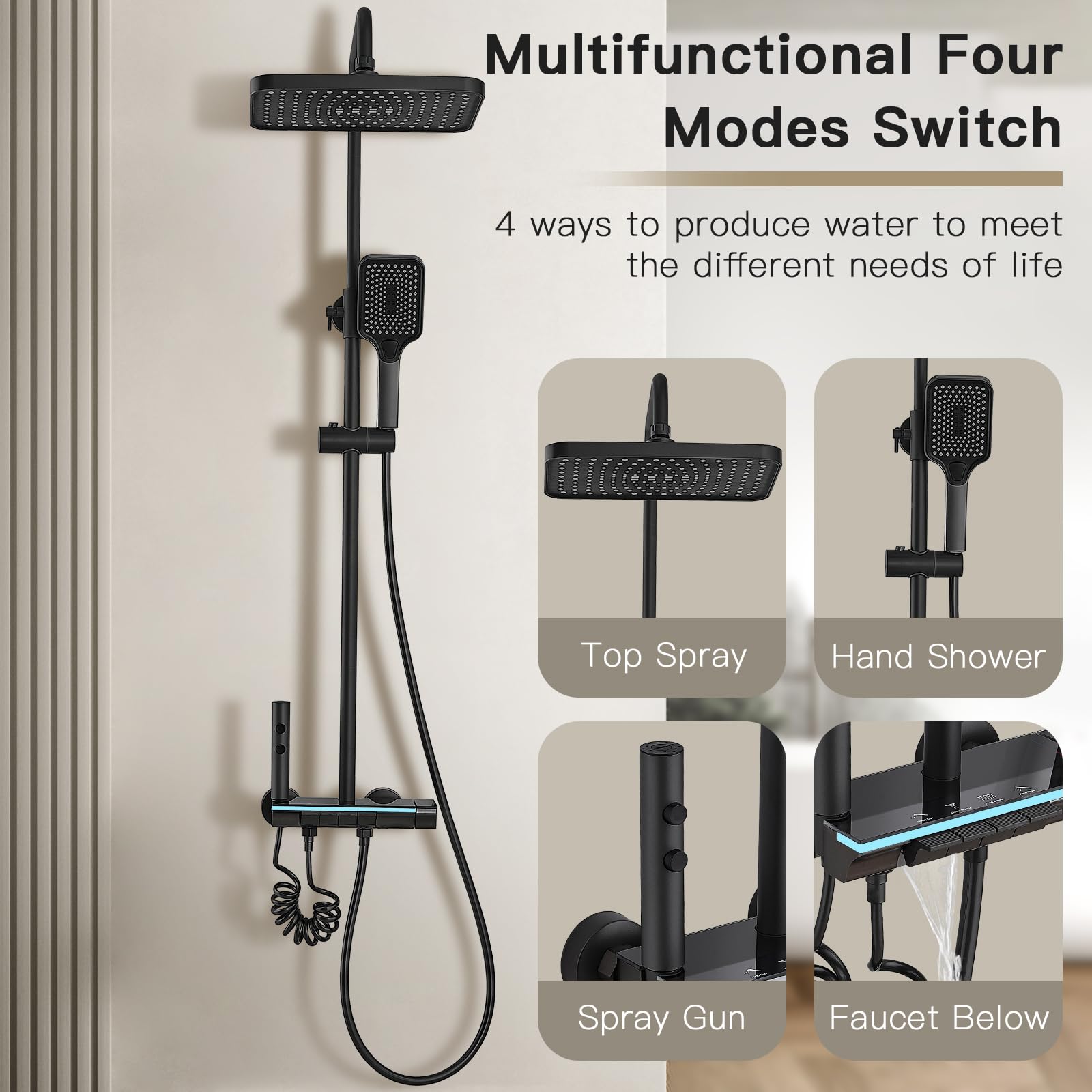Colonne de Douche Titane avec Tête Carrée DEWINNER,Colonne de Douche 4 Modes et Hauteur Réglable75-110CM, Affichage LED,Tête de Douche, Jet, Robinet et Pommeau de Douche (Noir)