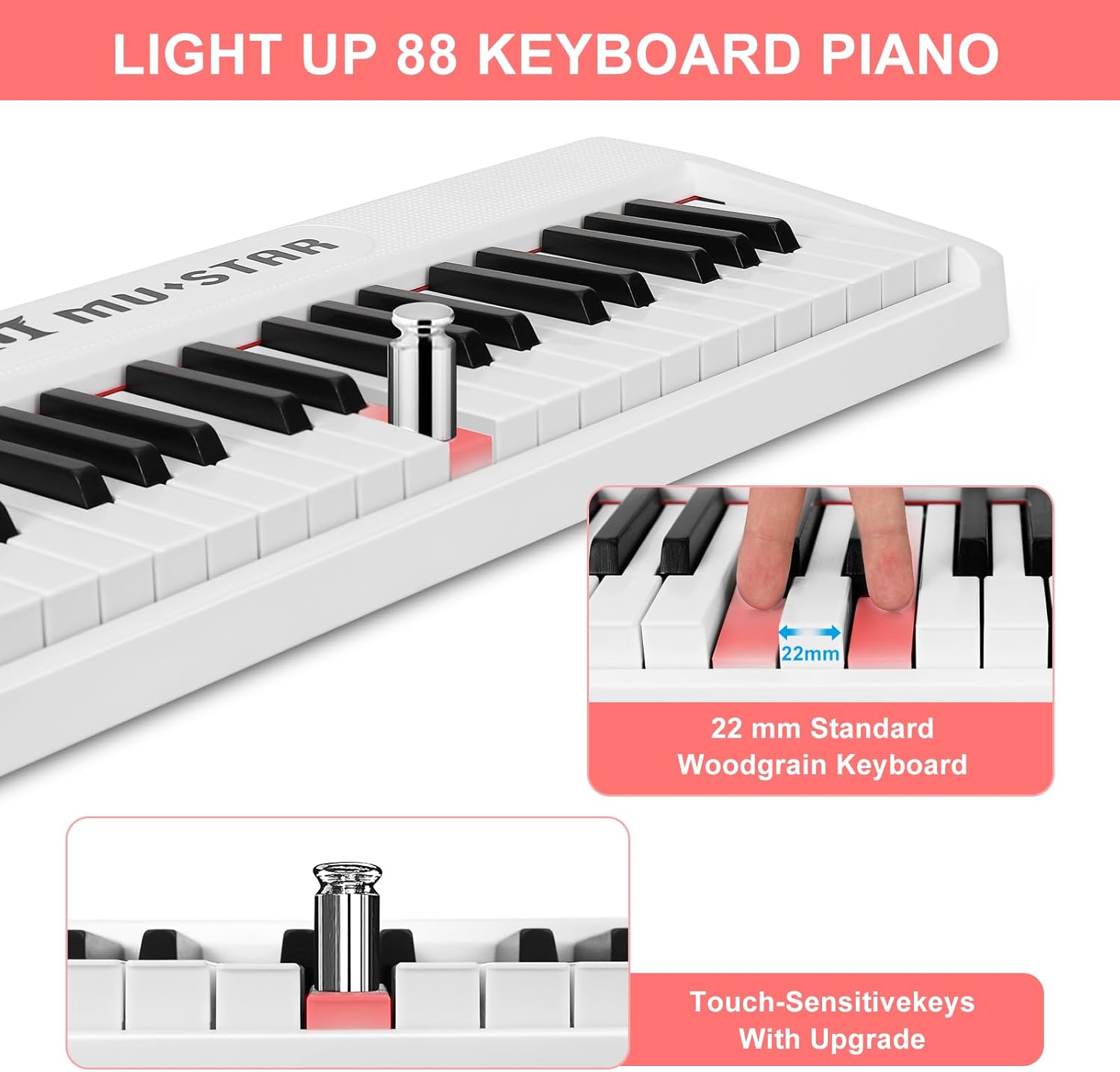 Close-up of lighted keys and touch-sensitive keys on the MUSTAR keyboard