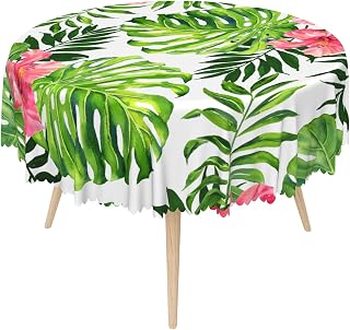 Tropical Floral Round Tablecloth 48 Inch Green Palm Leaf Pink Hibiscus Rosa-sinensis Table Cloth Fabric Oil Resistance Reusable Summer Spring Plant Table Cover for Garden Picnic Dining Decor