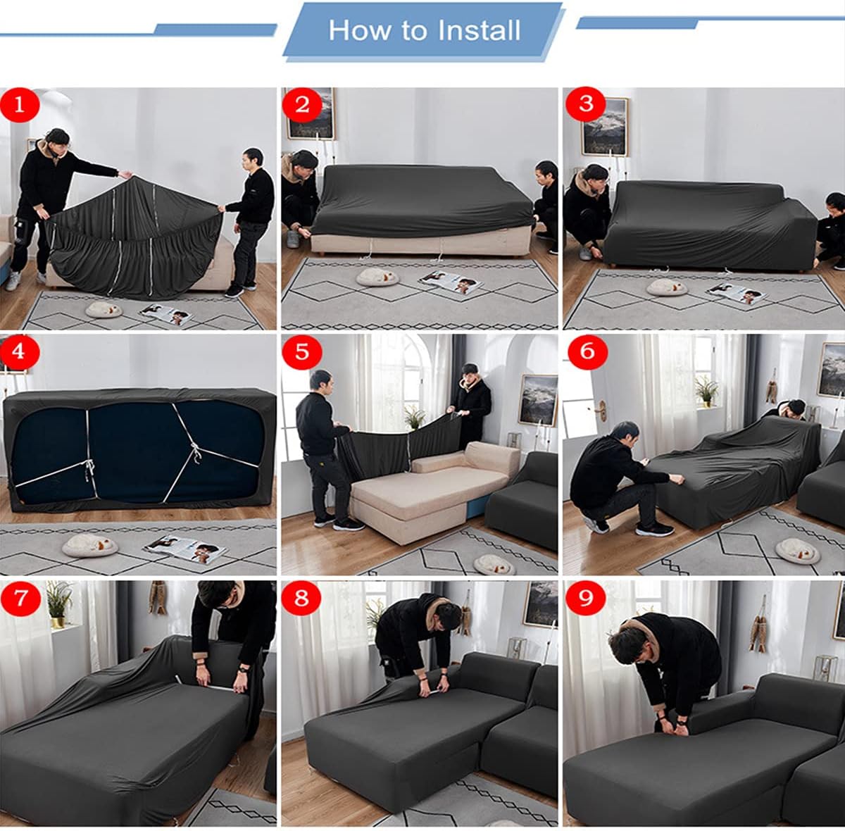 Stretch Sectional Couch Covers Soft L Shaped Sofa Slipcovers with Elastic Bottom , Chaise Lounge Set for Living Room 3 Seat+4 Seat Sofa2 Pieces（Chaise,Light White