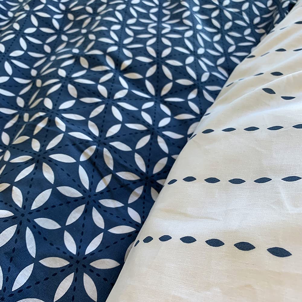 CÔTE DECO Parure Da Letto In Cotone 100% – Copripiumino 220x240 Cm + 2 Federe 63x63 Cm, Motivo Geometrico Blu, Bianco E Beige, Reversibile, Certificato Oeko-Tex