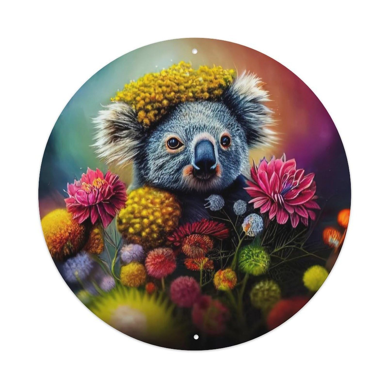 Wildlife Artwork Poster Cute Little Koala Surrounded by Flowers Vintage Metal Tin Sign Plaque Wall Decor for Cafe, Club, Garden Round Metal Poster 8x8Inch