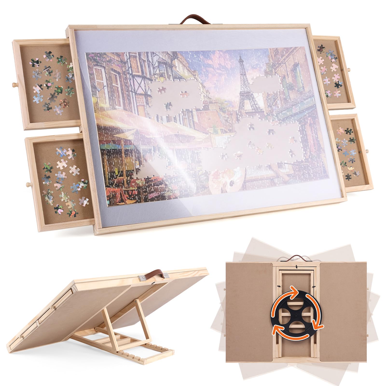Ruication Jigsaw Puzzle Board Folding Tilting Puzzle Table Rotating Wooden Jigsaw Board Non-Slip Mat Surface for 1000 pieces 4 Sliding Drawers Storage System For Adults Gift