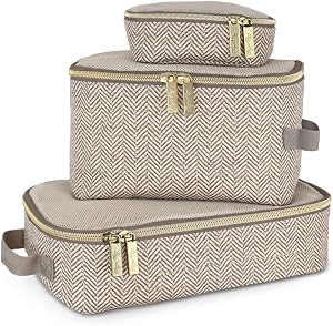 Itzy Ritzy Packing Cubes For Travel – Set of 3 Packing Cubes or Travel Organizers; Each Travel Cube Features a Mesh Top, Double Zippers and a Fabric Handle (Taupe)