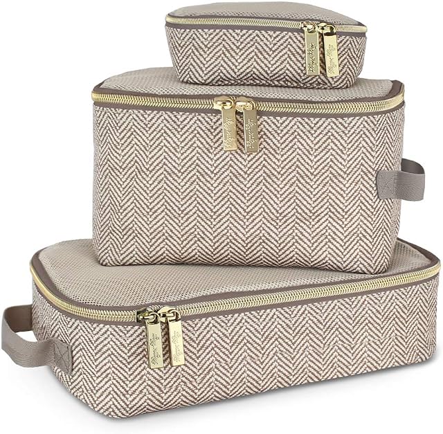 Itzy Ritzy Emballage de cubes pour le voyage – Ensemble de 3 Cubes d'emballage ou organisateurs de voyage; Chaque cube de voyage comporte un dessus en mesh, des zips doubles et une poignée en tissu (Taupe)