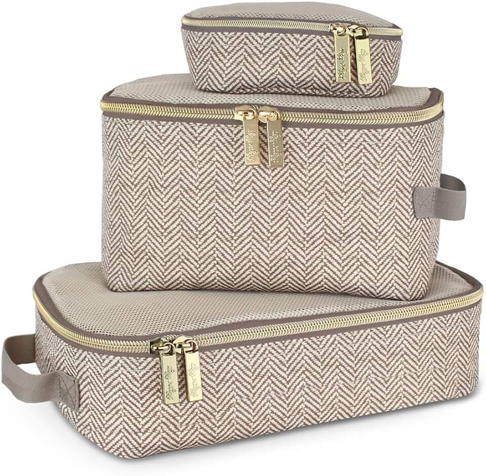 Itzy Ritzy Itzy Ritzy Packing Cubes for Travel – Set of 3 Packing Cubes or Travel Organizers – Each Cube Features a Mesh Top, Double Zippers and a Fabric Handle (Taupe)