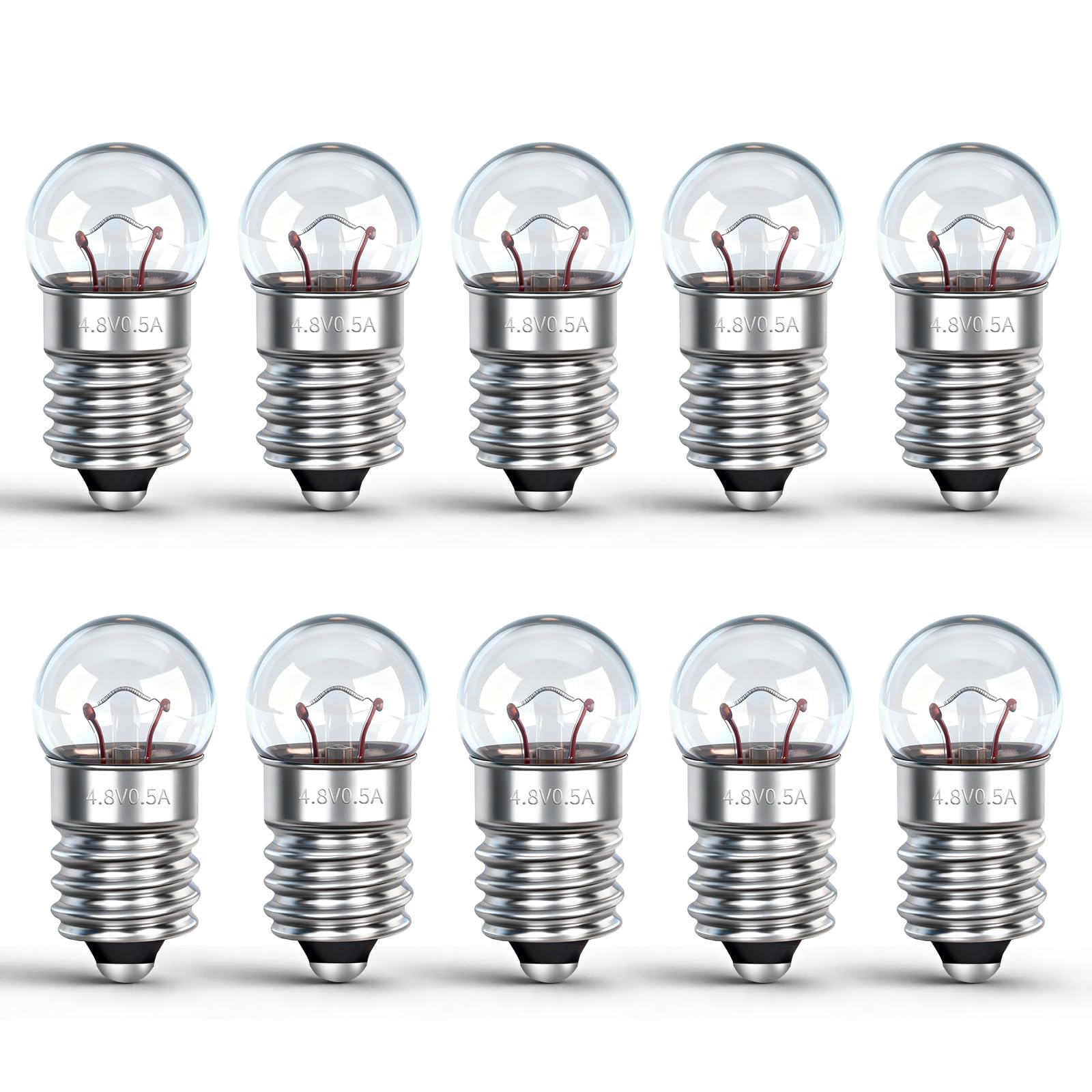 Caldarax 10 Stück Kugellampe E10 DC 4.8V, 0.5A, Warmweiß 3000K, E10 Glühlampe Glühbirne Miniatur Schraubfuß, Ersatzlampe für Elektrische Experiment, Taschenlampen, Krippenbeleuchtung, Warnleuchte