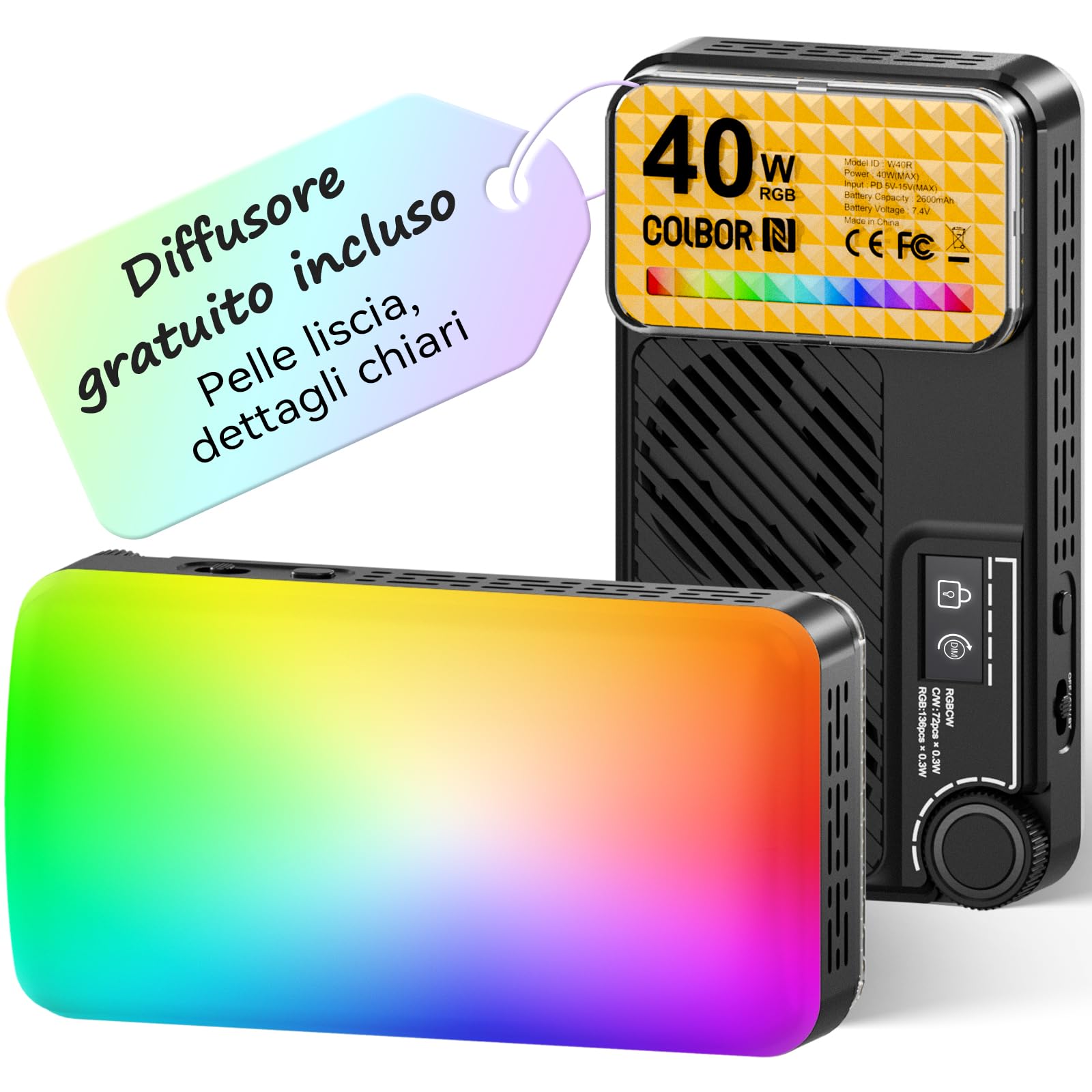 Moman Piccola luce LED per fotocamera da 40 W, Full RGB con diffusore, controllo app, 2500-9000 K, CRI 97+, ricarica rapida USB-C, luce di riempimento portatile per fotografia Sony/Canon/registrazione