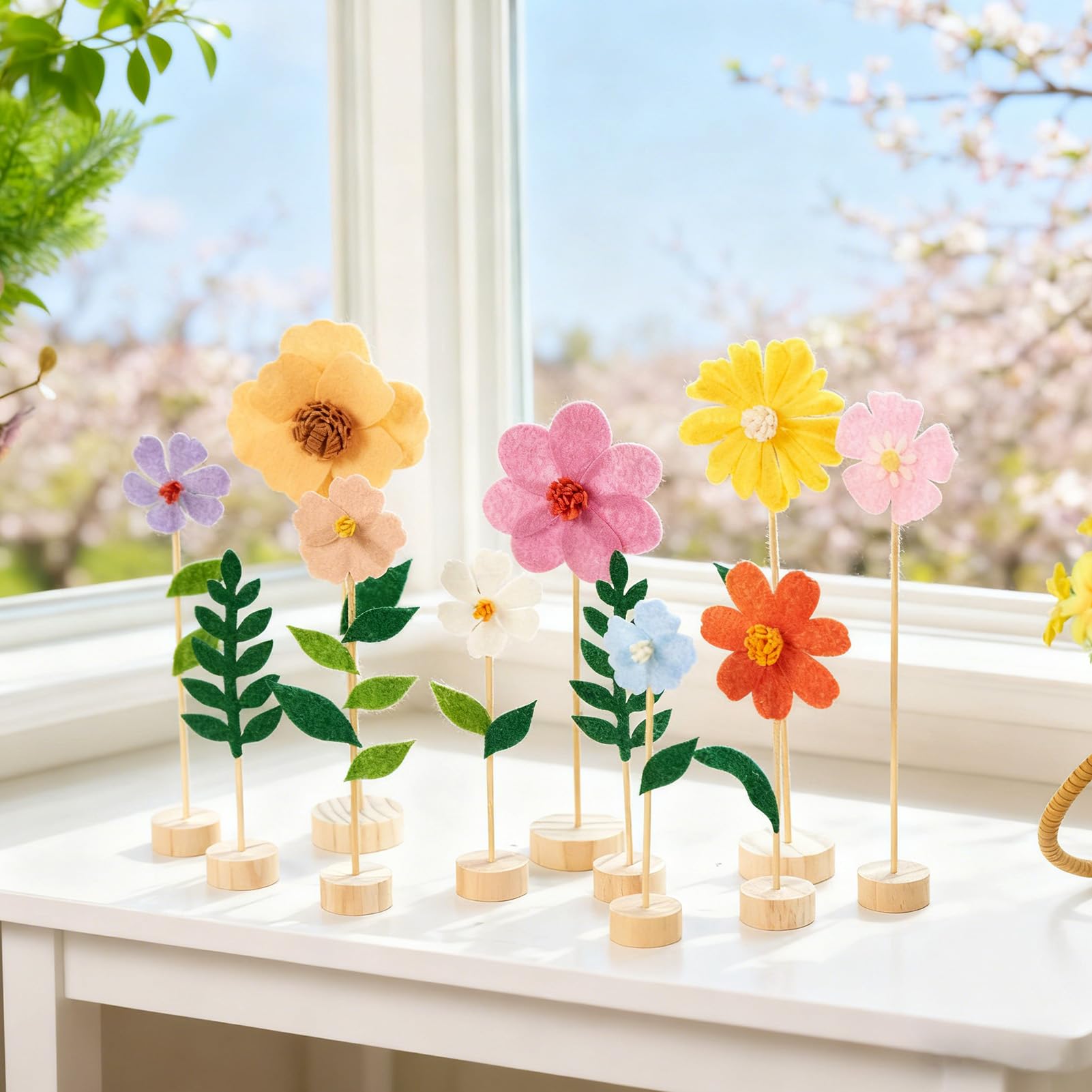 EASY JOY 11Pcs Felt Daisy Flower Decorations Daisy Centerpieces with Wooden Base Multicolour Felt daisy Table Decorations for Wildflower Birthday Party Home Room Classroom Baby Shower Garden Wedding