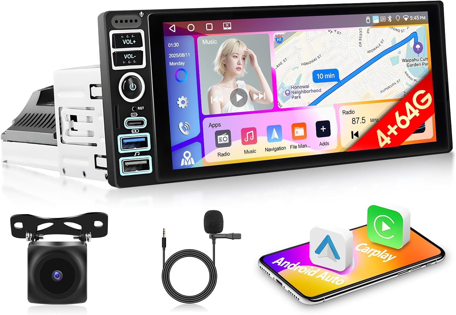 4+64G Car Radio 2 DIN A-pple Carplay Android Car Radio Android 15 Double DIN Stereo Radio 6.9 Inch IPS Touchscreen Car Radio with Bluetooth 5.0/GPS/WLAN/EQ/FM+AHD Reversing Camera and Microphone