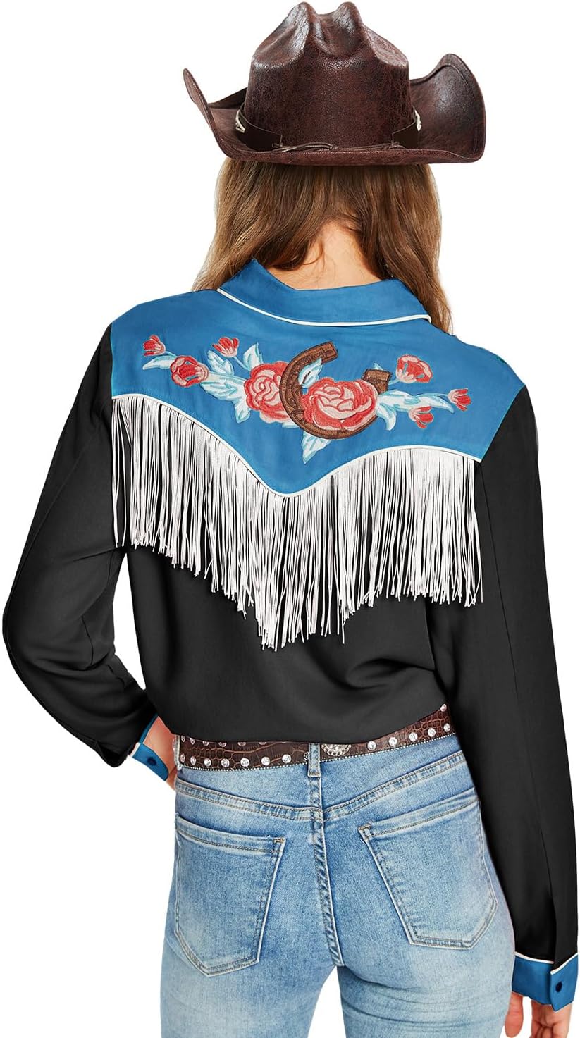 JOHN MOON Women's Fringe Western Shirts Floral Embroidered Button Down Shacket Rodeo Cowgirl Country Top Long Sleeve - Image 2