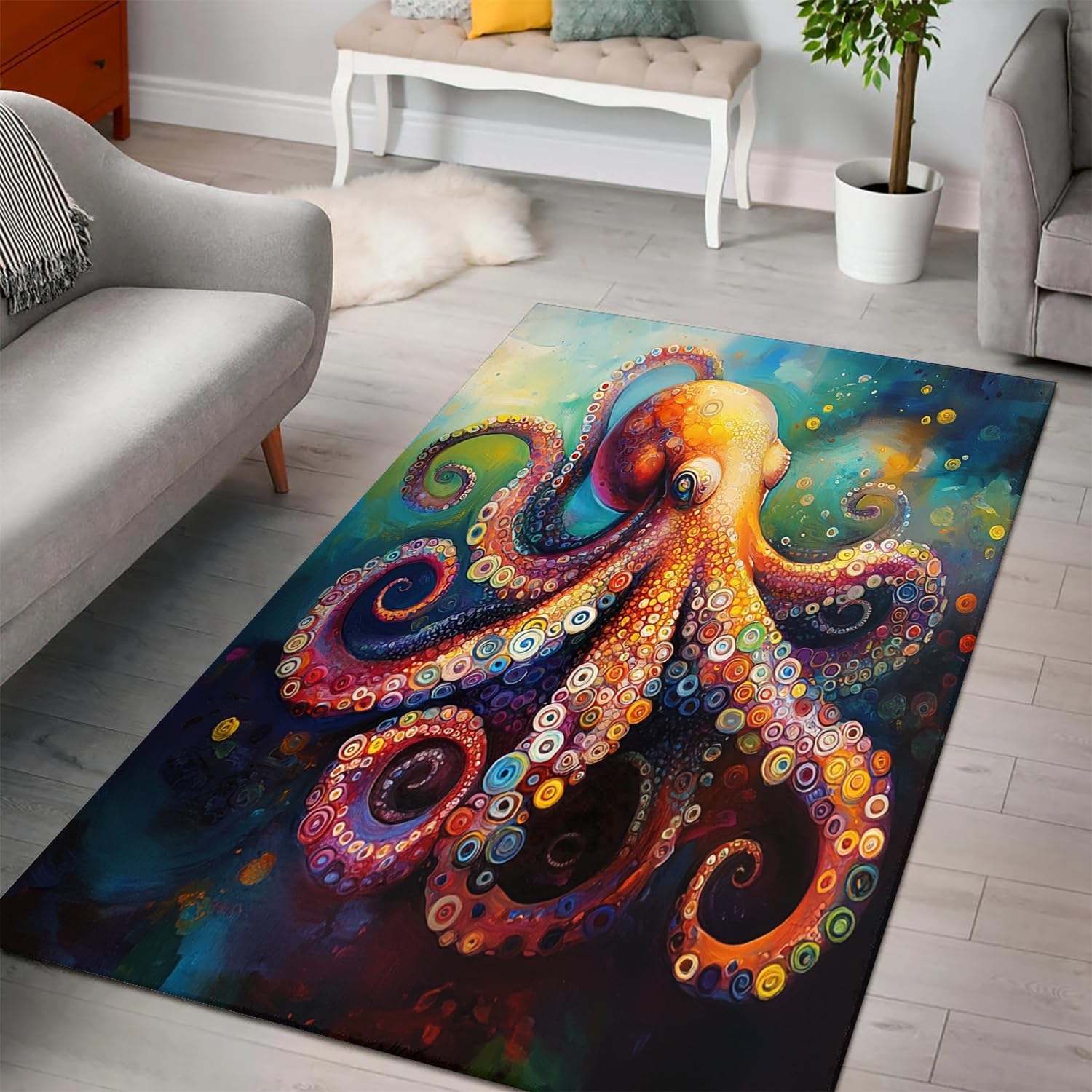 Colorful Octopus Area Rug Soft Ocean Blue Printed Bathroom Rug Vintage Nautical Octopus Rugs Non Slip Rustic Coastal Pattern Carpet Large Size for Living Room Bedroom Playroom Rug Washable