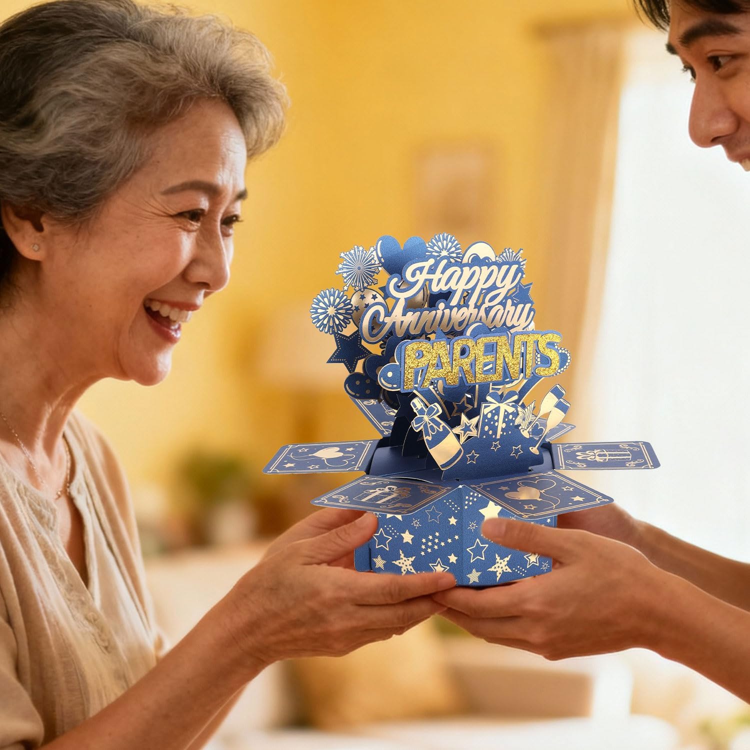 Happy Anniversary Pop Up Card for Parents, Funny 3D Wedding Anniversary Card for Mum and Dad with Envelope Blue Gold Foldable Gift Decoration Box for Women Men Wife Husband Couples Parents
