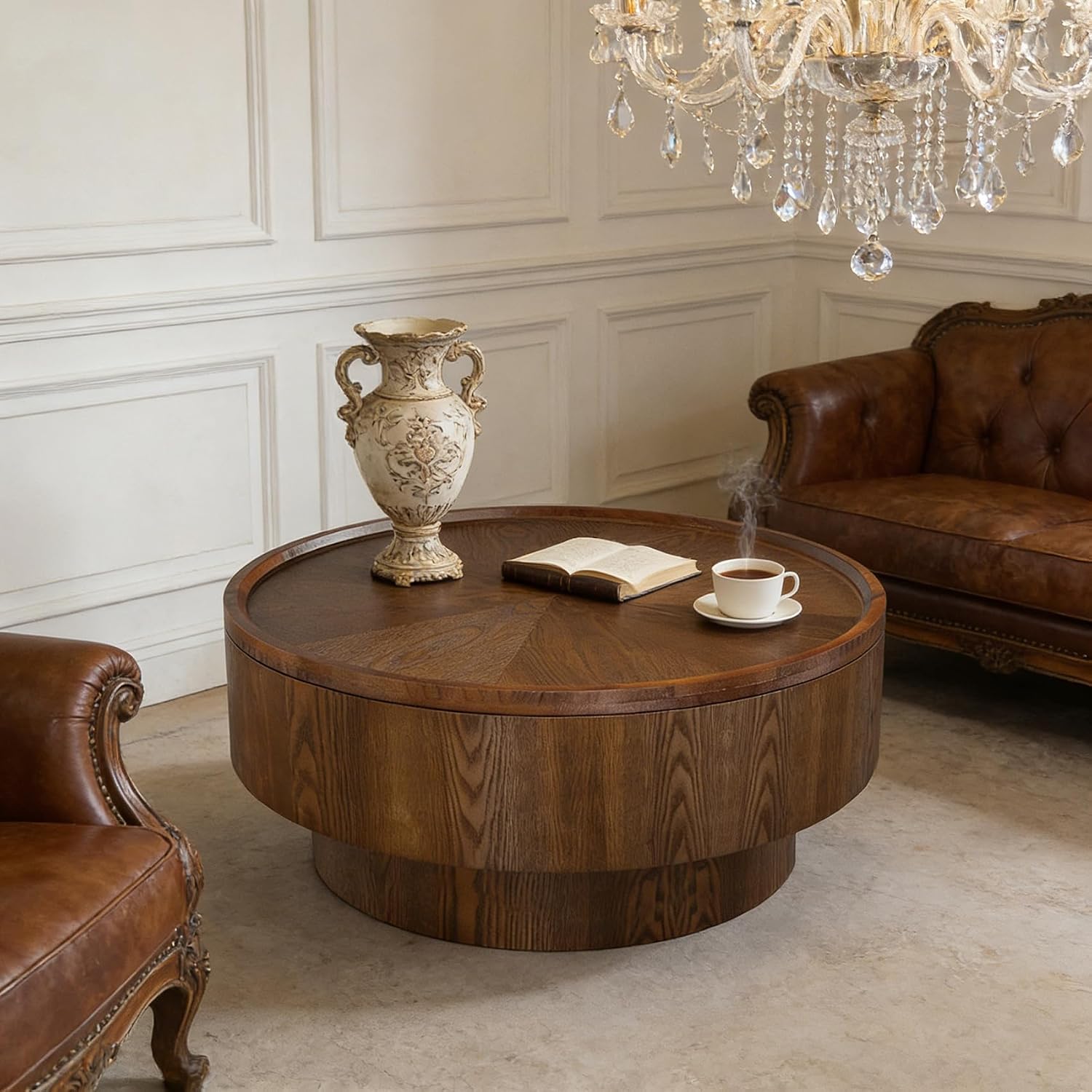 Modern Round Coffee Table with Storage Space Light Brown D78 cm Holzerner Groove Coffee Table Drum Shape with Stable Base Columnar Foot Round Salon Table for Living Room Home and Office