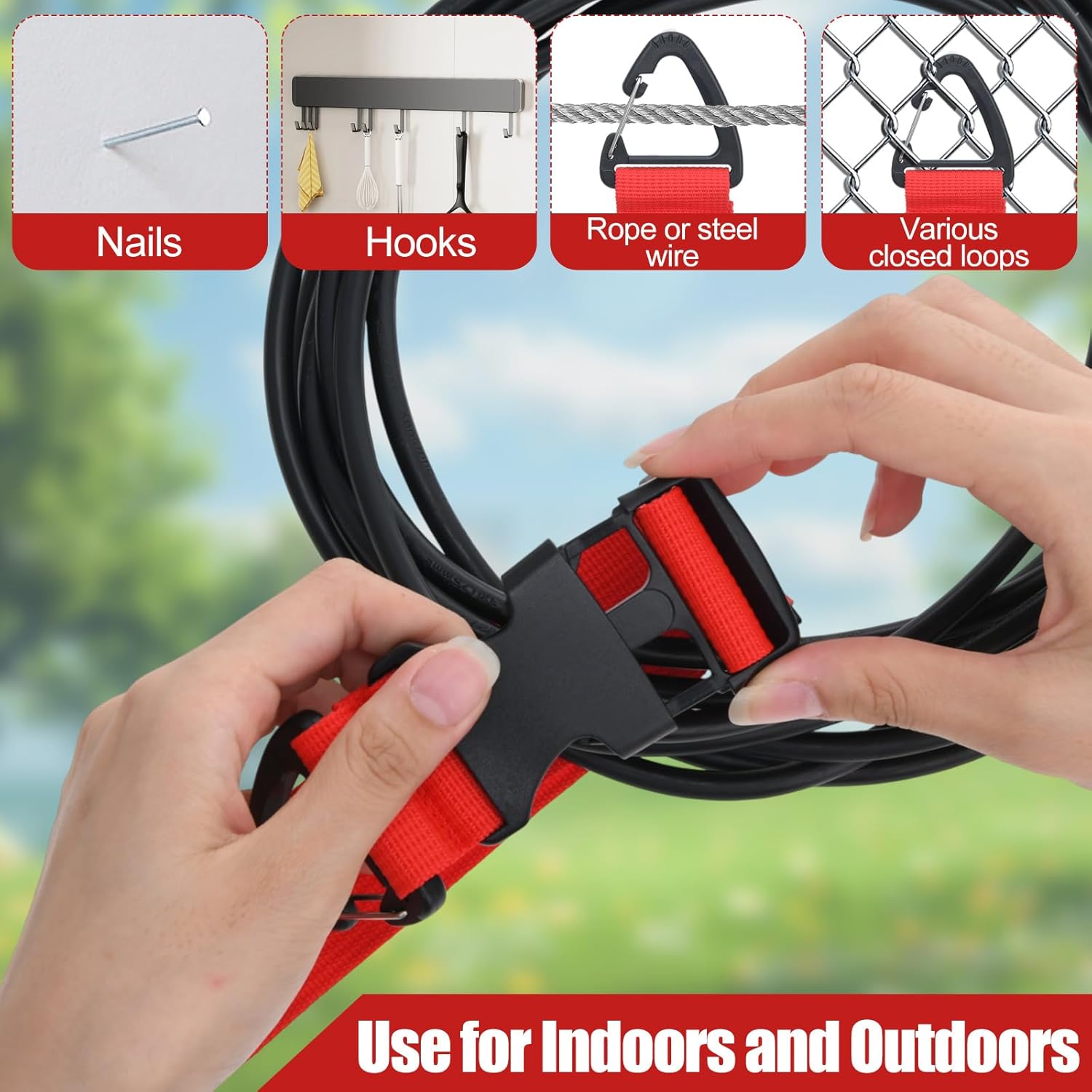 SATINIOR 15 Pack 3 Sizes Adjustable Extension Cord Organizer with Triangle Clips Extension Cord Hanger Heavy Duty Straps for Cables Hoses Ropes Garage Organization(Black, Red, Fluorescent Green)