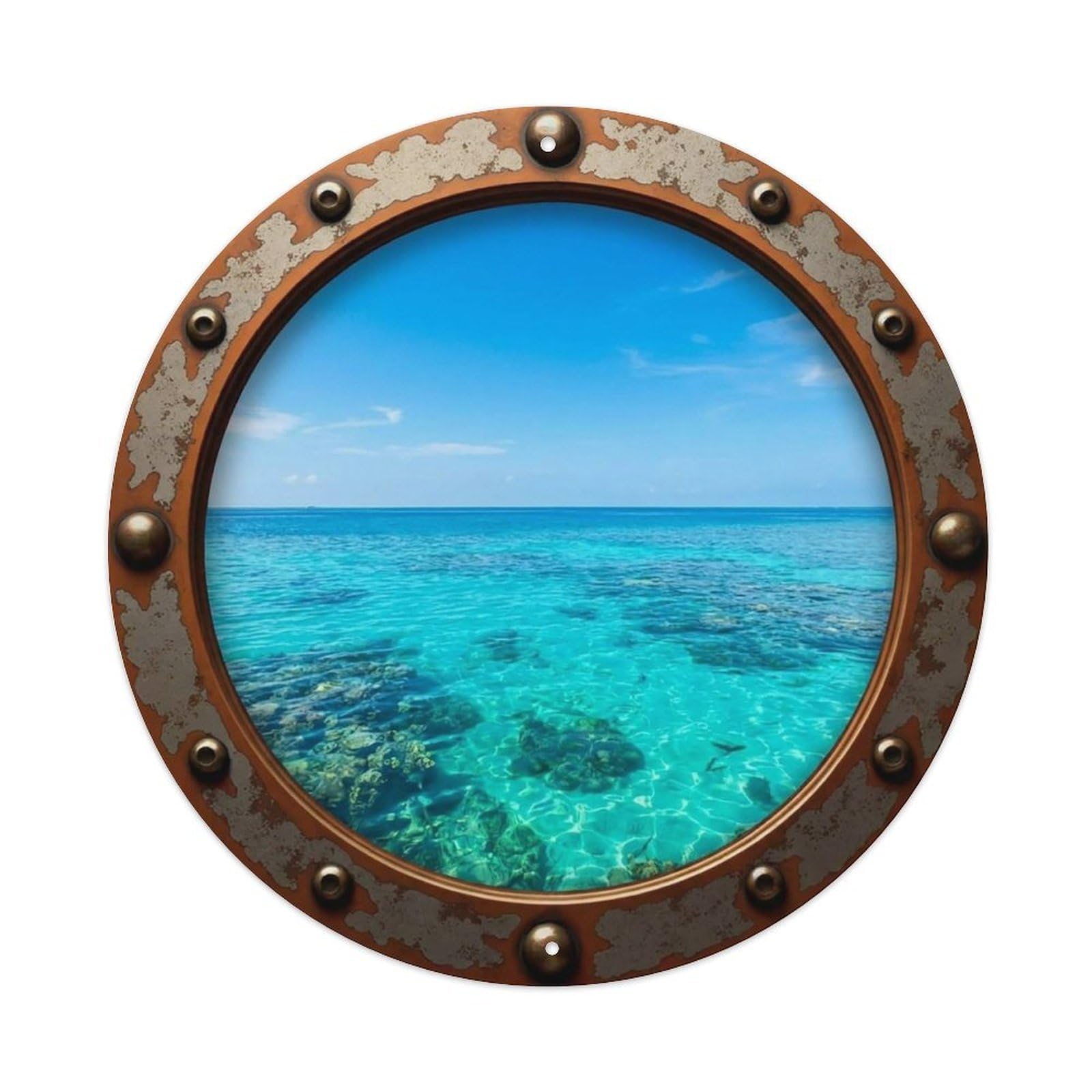 Vintage Porthole Cyan Waters Nautical Window View Vintage Metal Tin Sign Plaque Wall Decor for Cafe, Club Bar, Office, Garden Metal Poster 8x8Inch