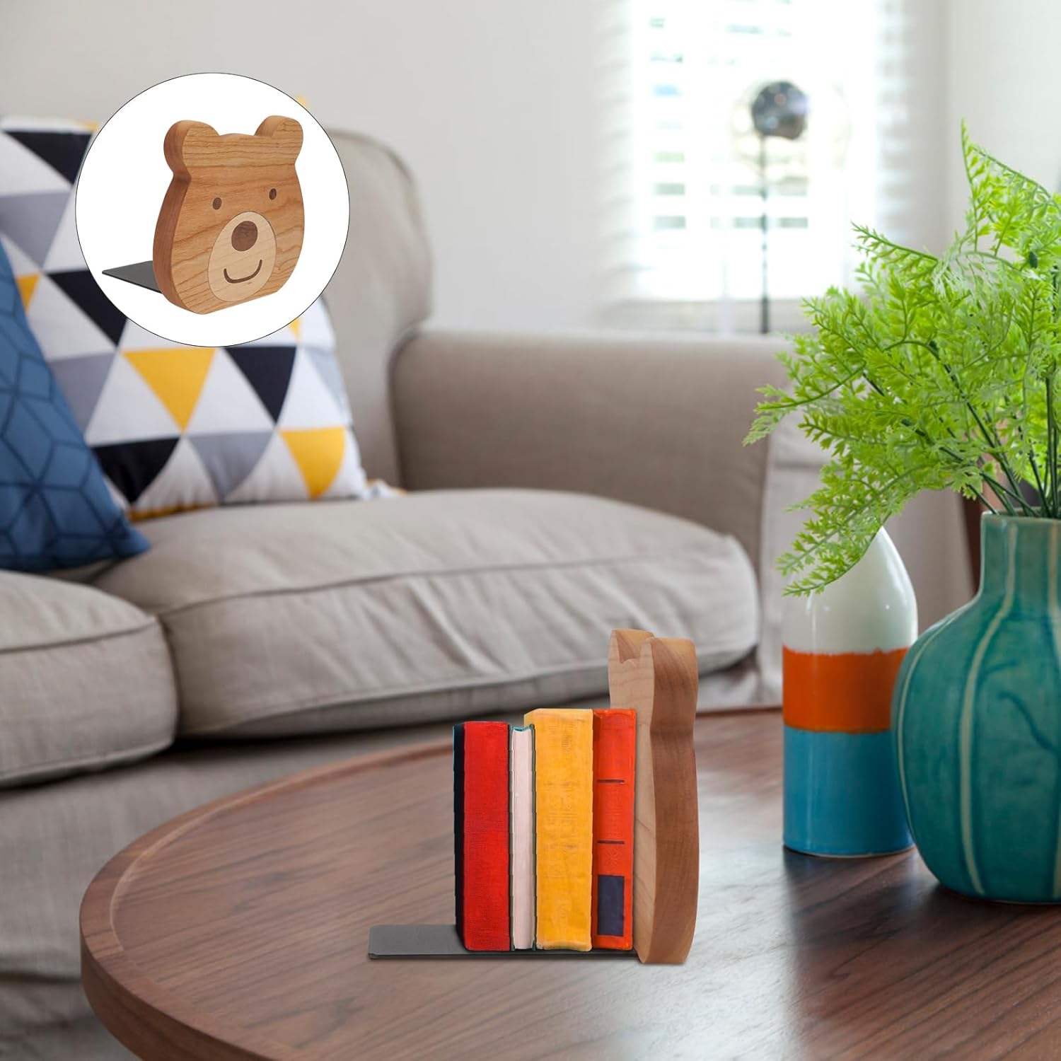 Cabilock 2 Pieces Book Stoppers: Wooden Bear Bookends for Shelves - Metal Base Non-Skid Book Ends for Bookshelf Decoration Home Office School Supplies