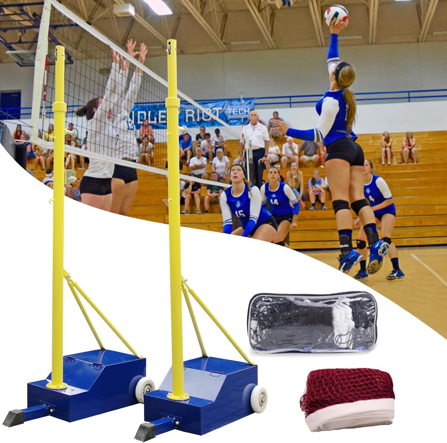 Indoor Volleyball Net, Heavy Duty Volleyball Net with Poles,Adjustable 4 Heights of 5ft-6.8ft with Wheels,for Backyard Outdoor School Gym