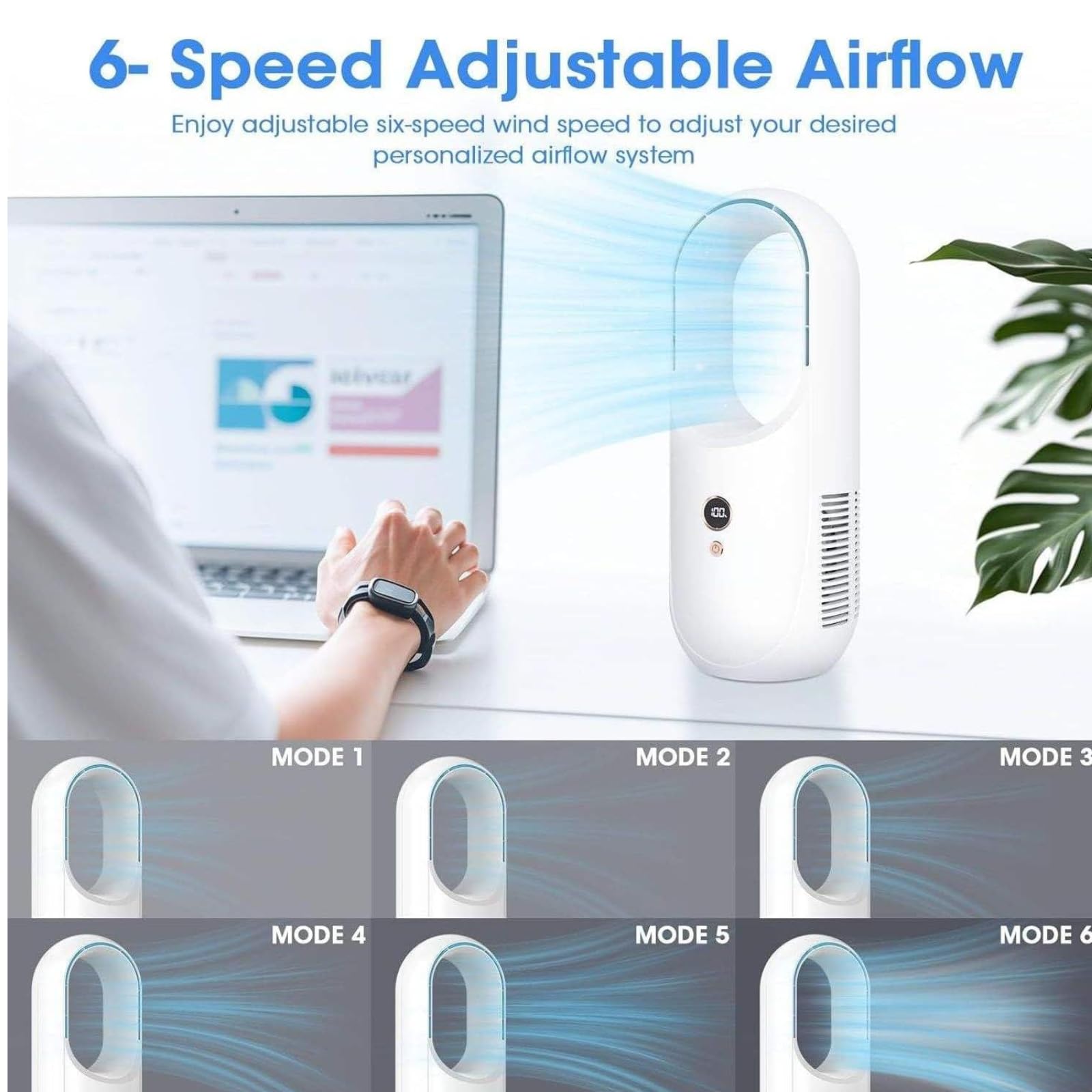 Ventilatore a torre senza pale, USB, silenzioso, oscillante, 6 velocità, 2000 mAh, ricaricabile, compatto, 13 x 30 cm, sicuro per casa, camera da letto, ufficio, dormitorio, cucina