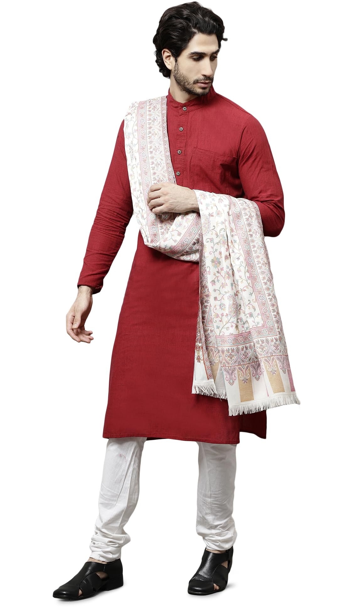 Weavers Villa Men's Acro Wool Blend Kani Woven Design Wraps, Stoles, Unisex Shawls, 100Cm X 200Cm (White)